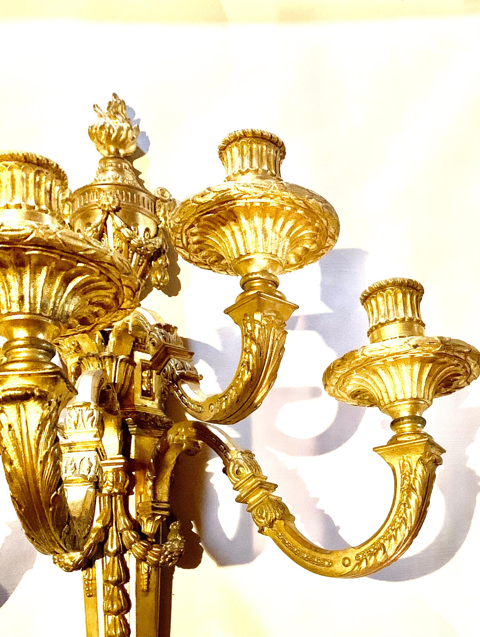 Feines antikes Paar Palace Size Dore Bronze Loius XVI Stil Fünfflammige Wandleuchter, Loius XVI.-Stil, Paar (Louis XVI.) im Angebot