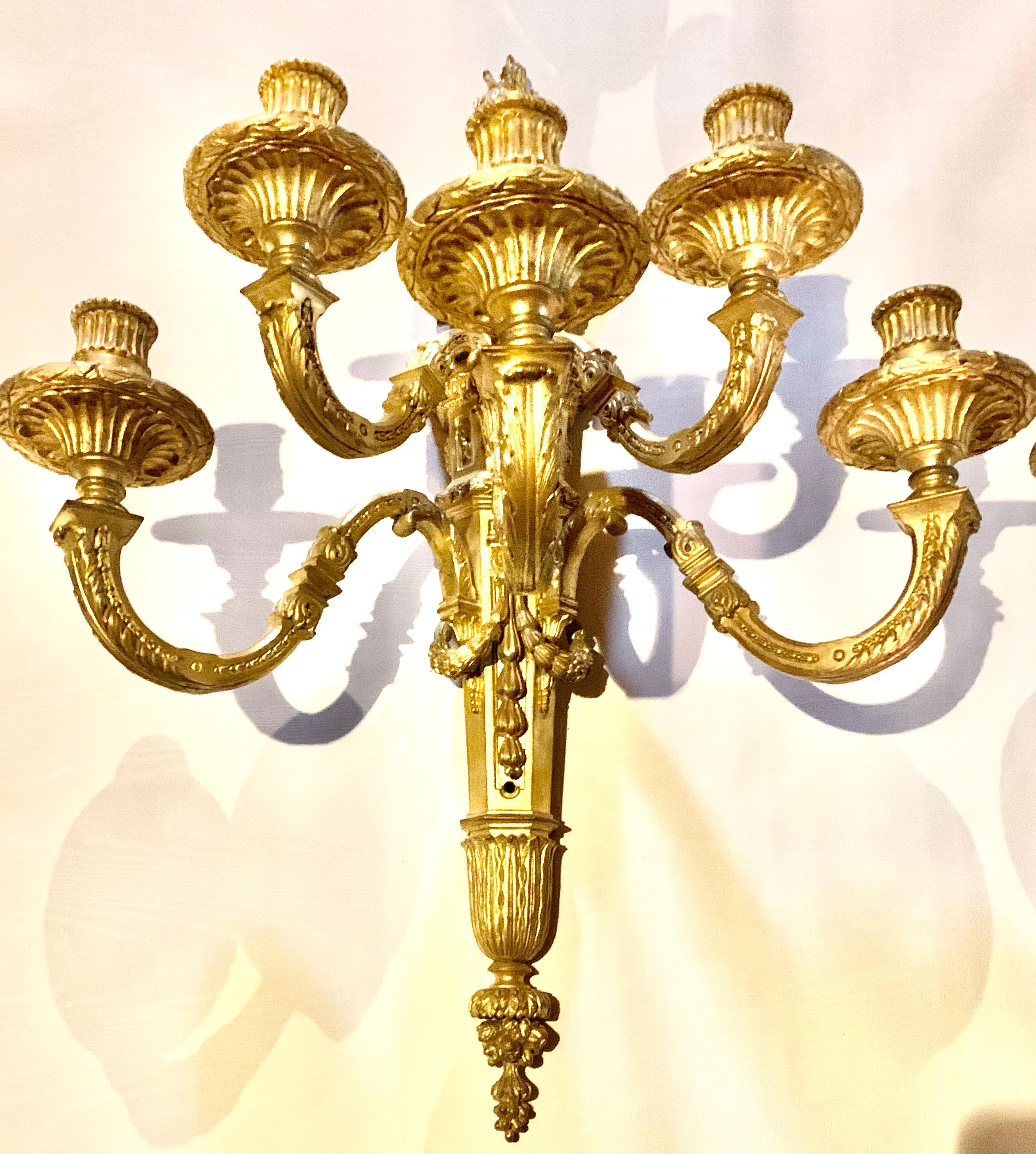 French Fine Antique Pair Palace Size Dore Bronze Loius XVI Style Five Light Sconces For Sale