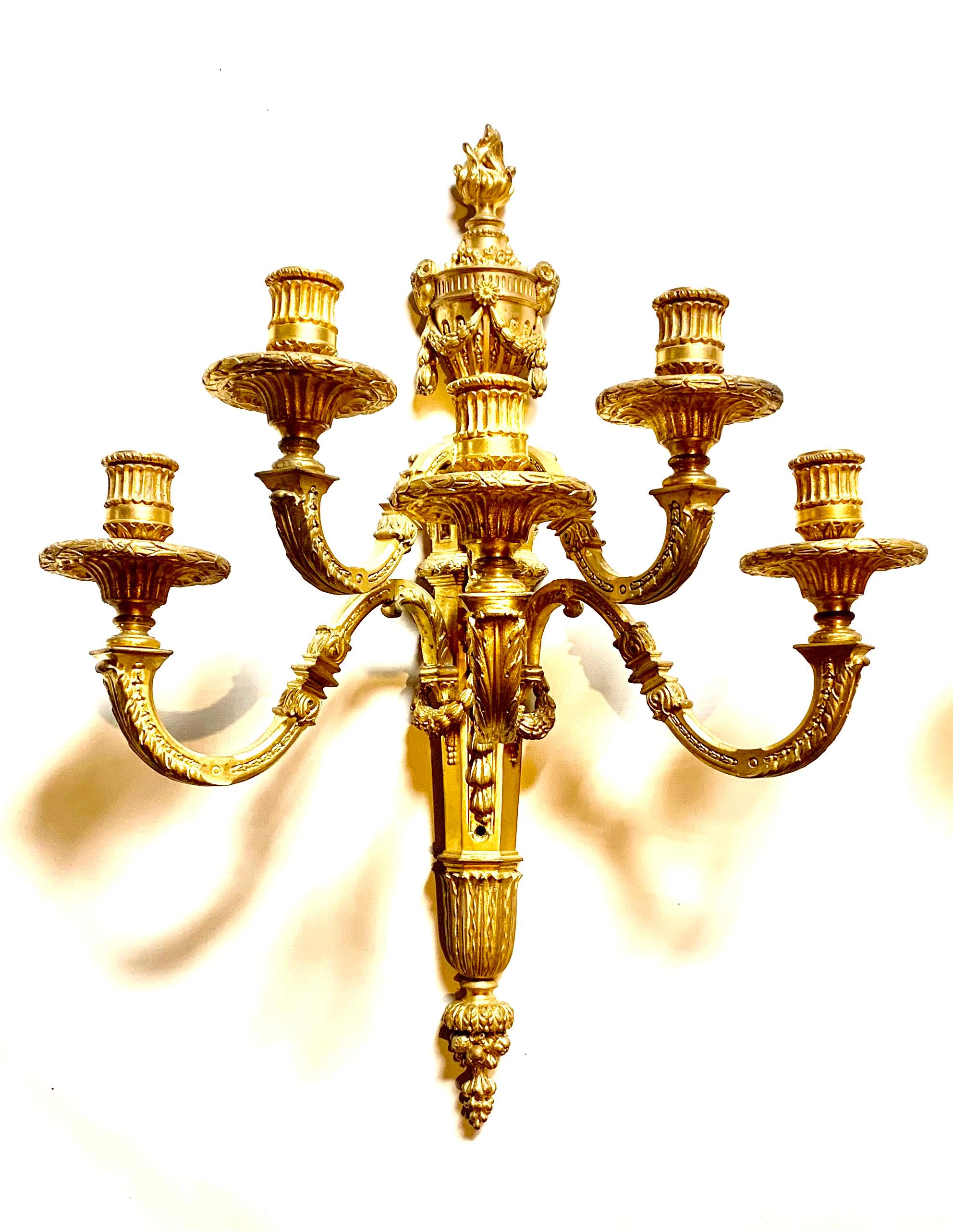 Gilt Fine Antique Pair Palace Size Dore Bronze Loius XVI Style Five Light Sconces For Sale