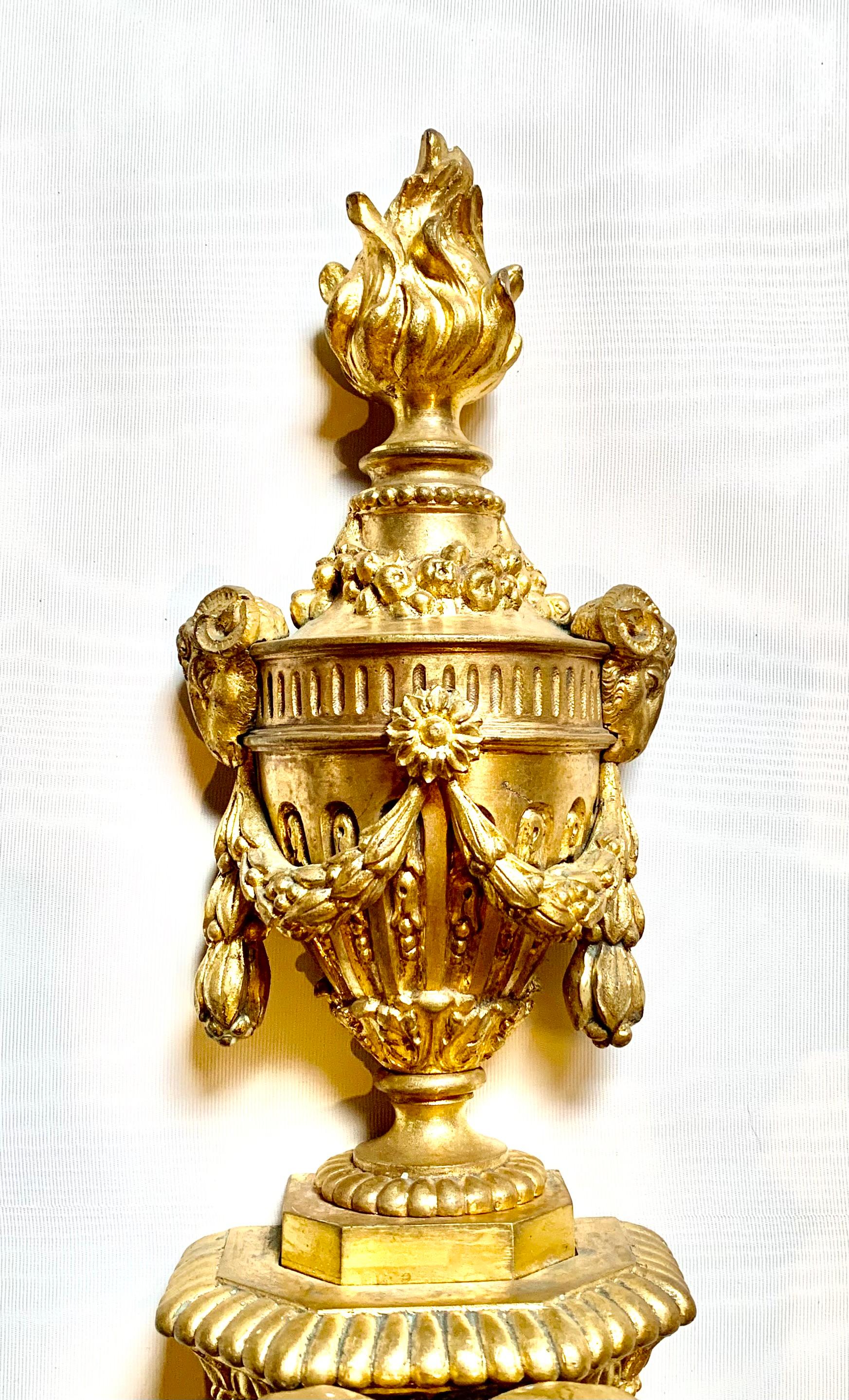 Fine Antique Pair Palace Size Dore Bronze Loius XVI Style Five Light Sconces In Good Condition For Sale In New York, NY