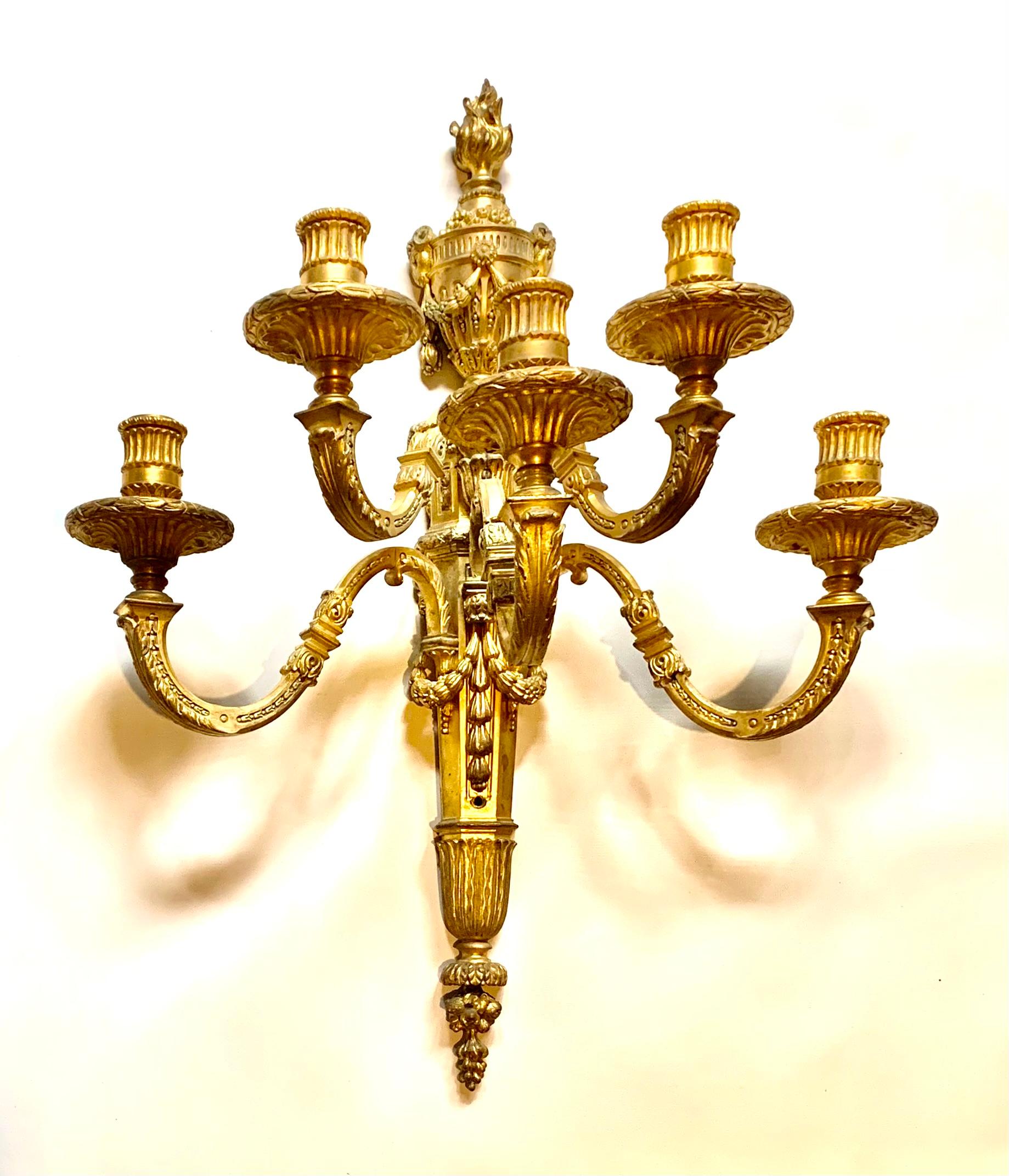 19th Century Fine Antique Pair Palace Size Dore Bronze Loius XVI Style Five Light Sconces For Sale