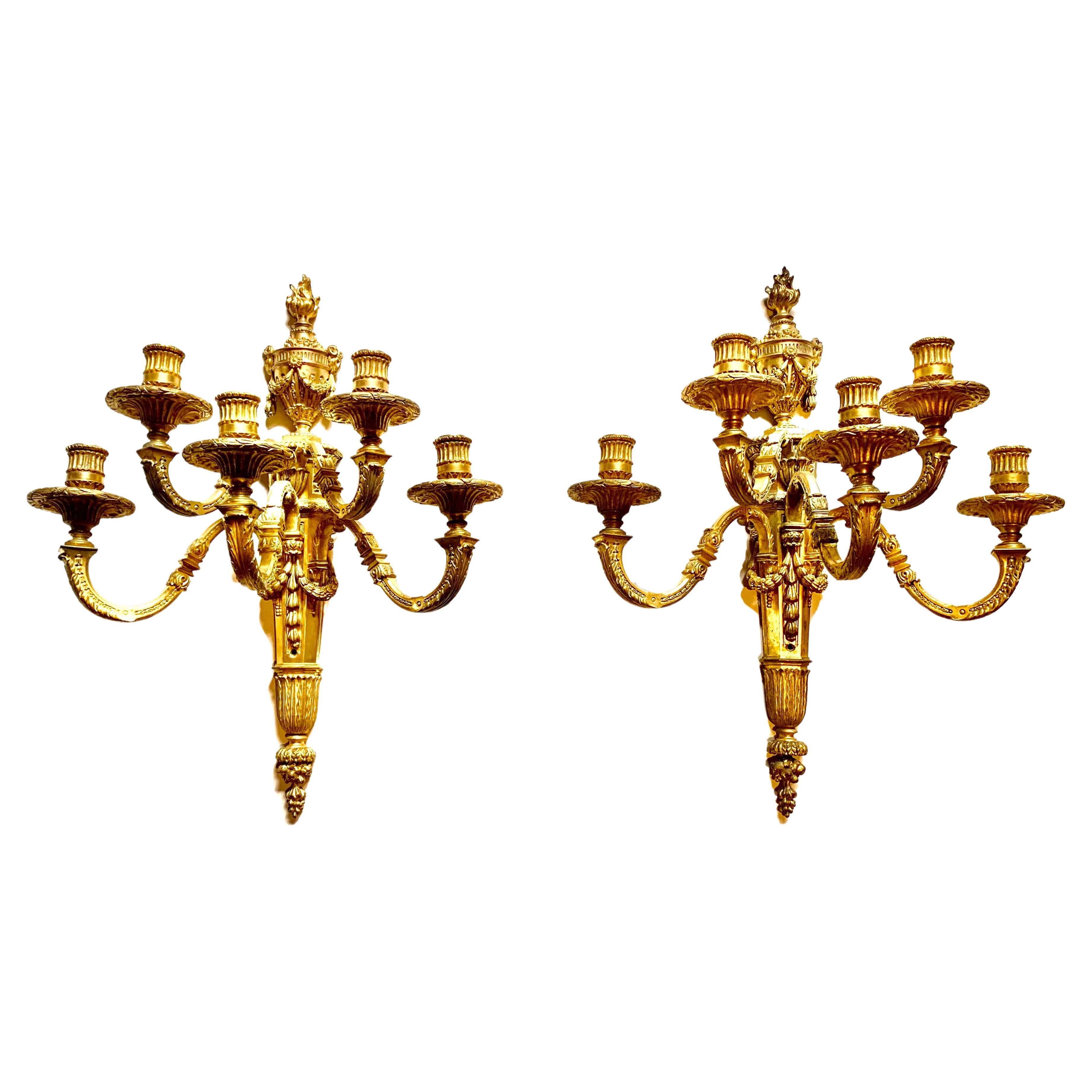 Feines antikes Paar Palace Size Dore Bronze Loius XVI Stil Fünfflammige Wandleuchter, Loius XVI.-Stil, Paar im Angebot