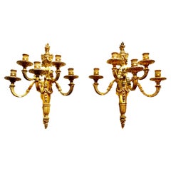 Fine Antique Pair Palace Size Dore Bronze Loius XVI Style Five Light Sconces