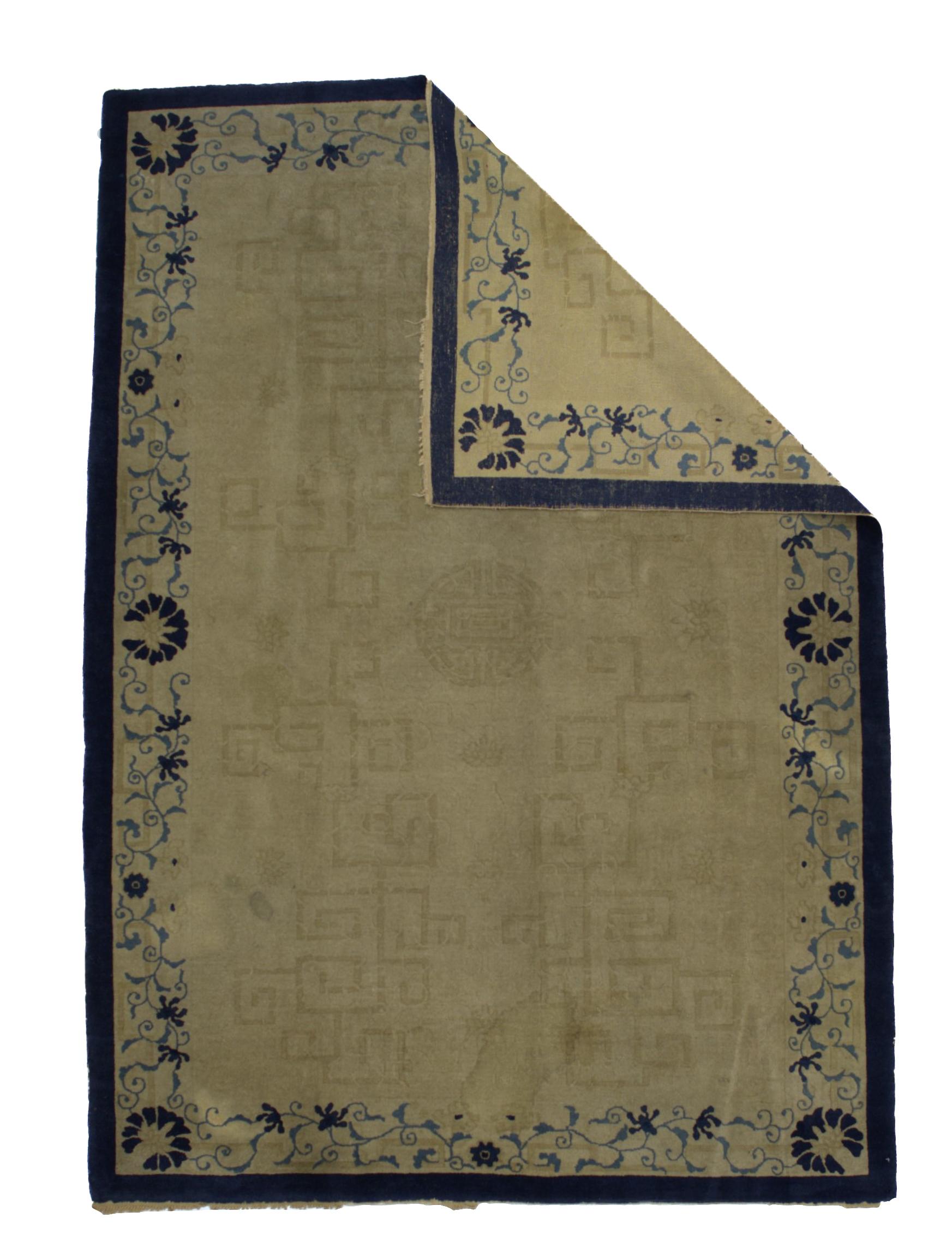 Fine Antique Peking Chinese Rug 6’2” x 8’8”. The Chinese carpets from the 19th century onward, in traditional patterns, often blue-and-white, in room sizes, scatters, and runners. A few pictorials. Moderate to medium weaves, cotton foundations.