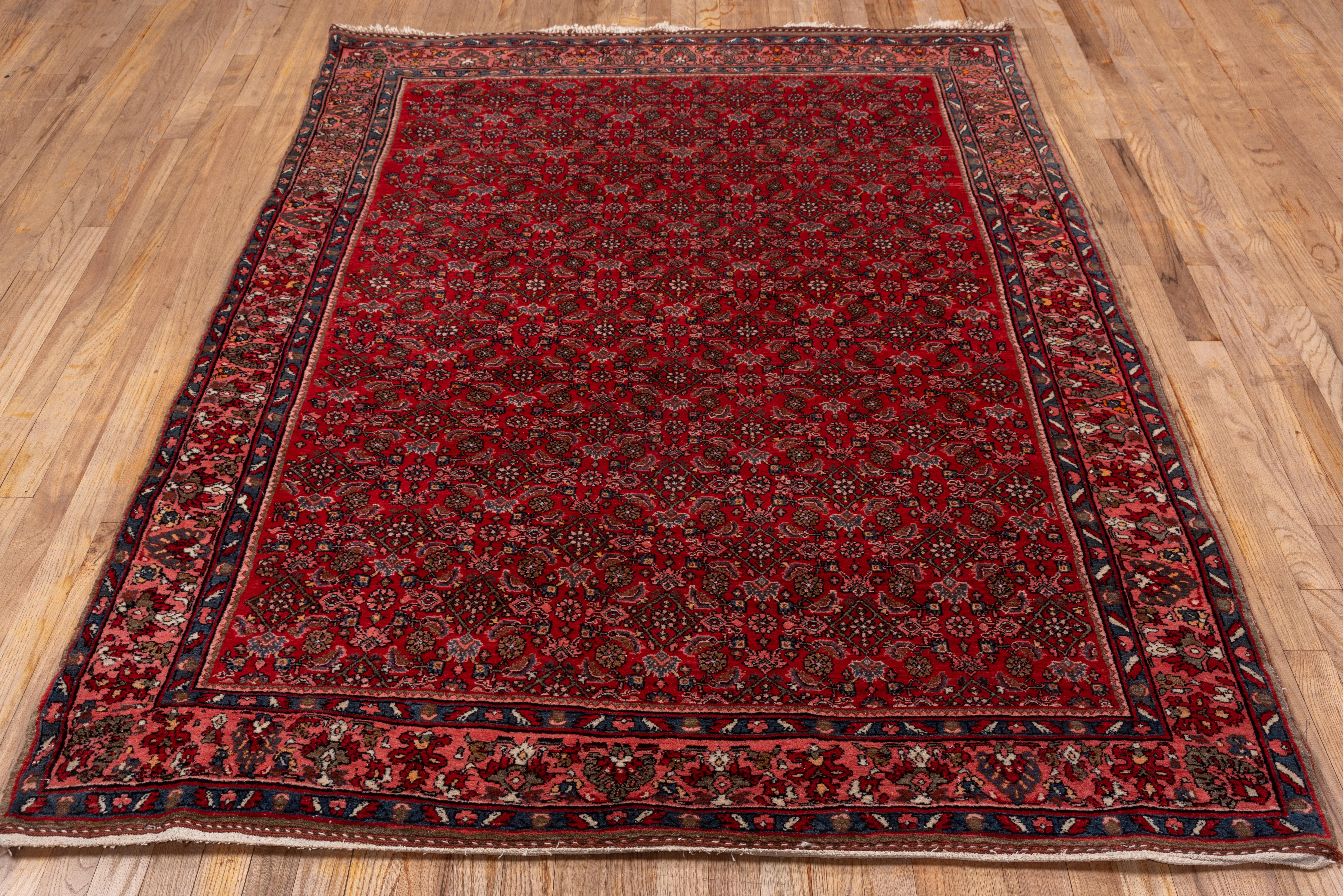 Antiker persischer Bidjar-Teppich, rotes Feld, All-Over- Field, rosa Bordüren (Persisch) im Angebot