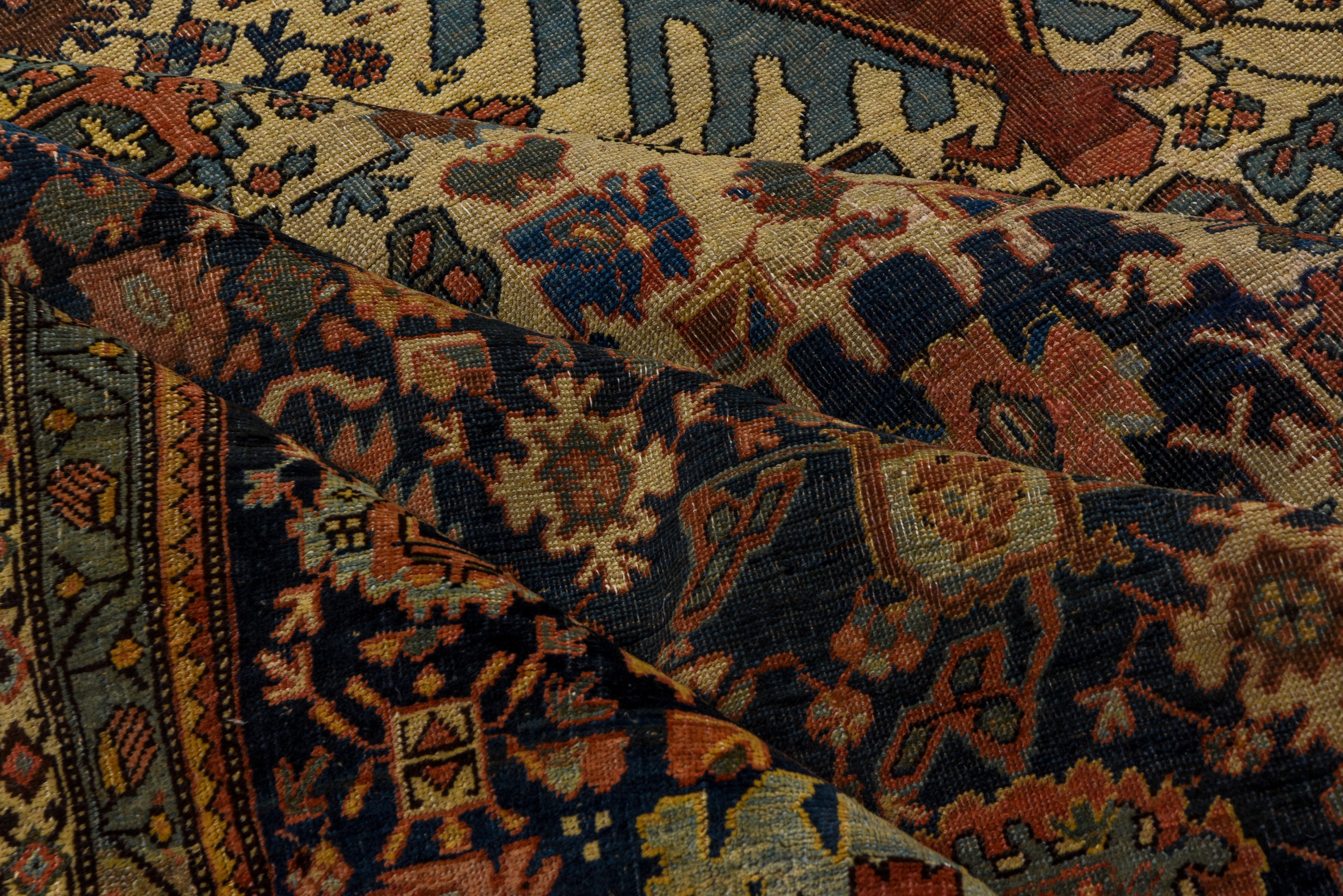 Primitive Fine Antique Persian Bidjar Carpet, Rich Colors, Crab Design For Sale