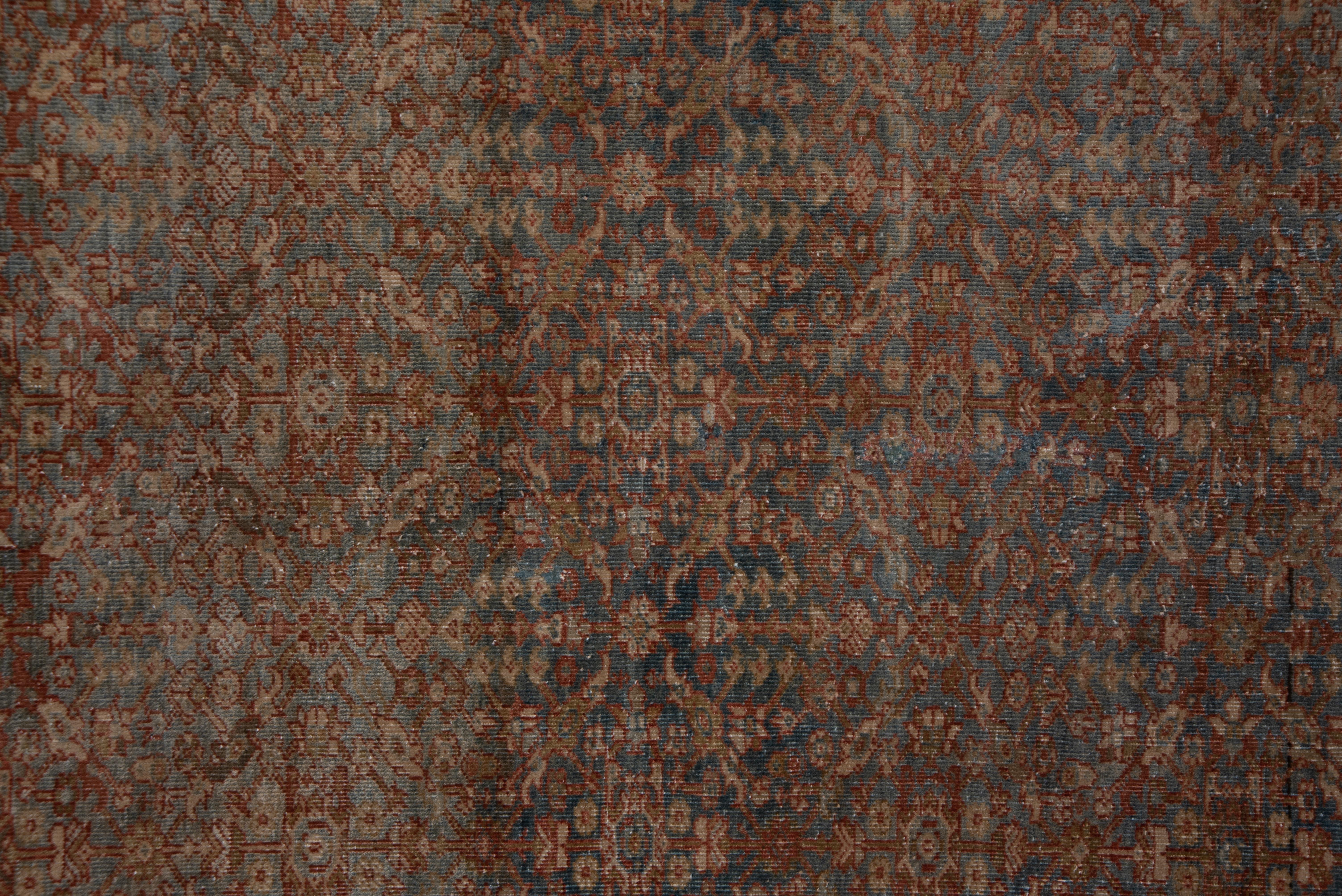 This finely knotted, softly colored west Persian village scatter shows a well-drawn allover Gol Hennai (Henna Flower) pattern on an abrashed green field. The rust main border shows reversing turtle palmettes.