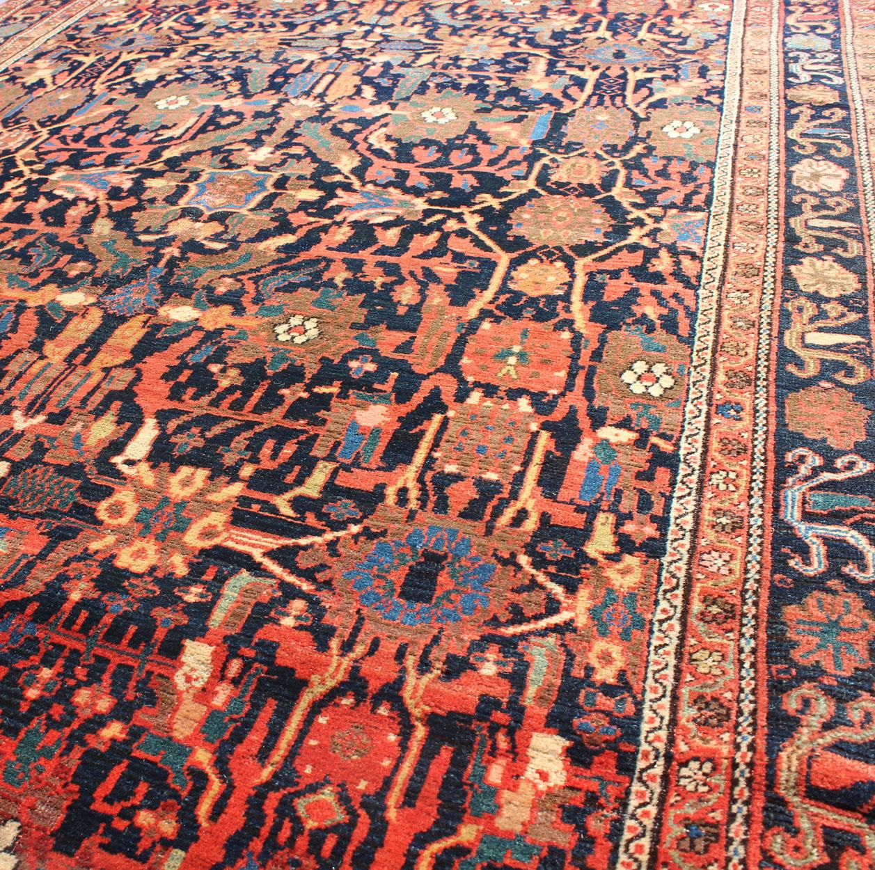 Persian 19th Century Antique Faraghan Sarouk With All-Over Design in Navy Background For Sale