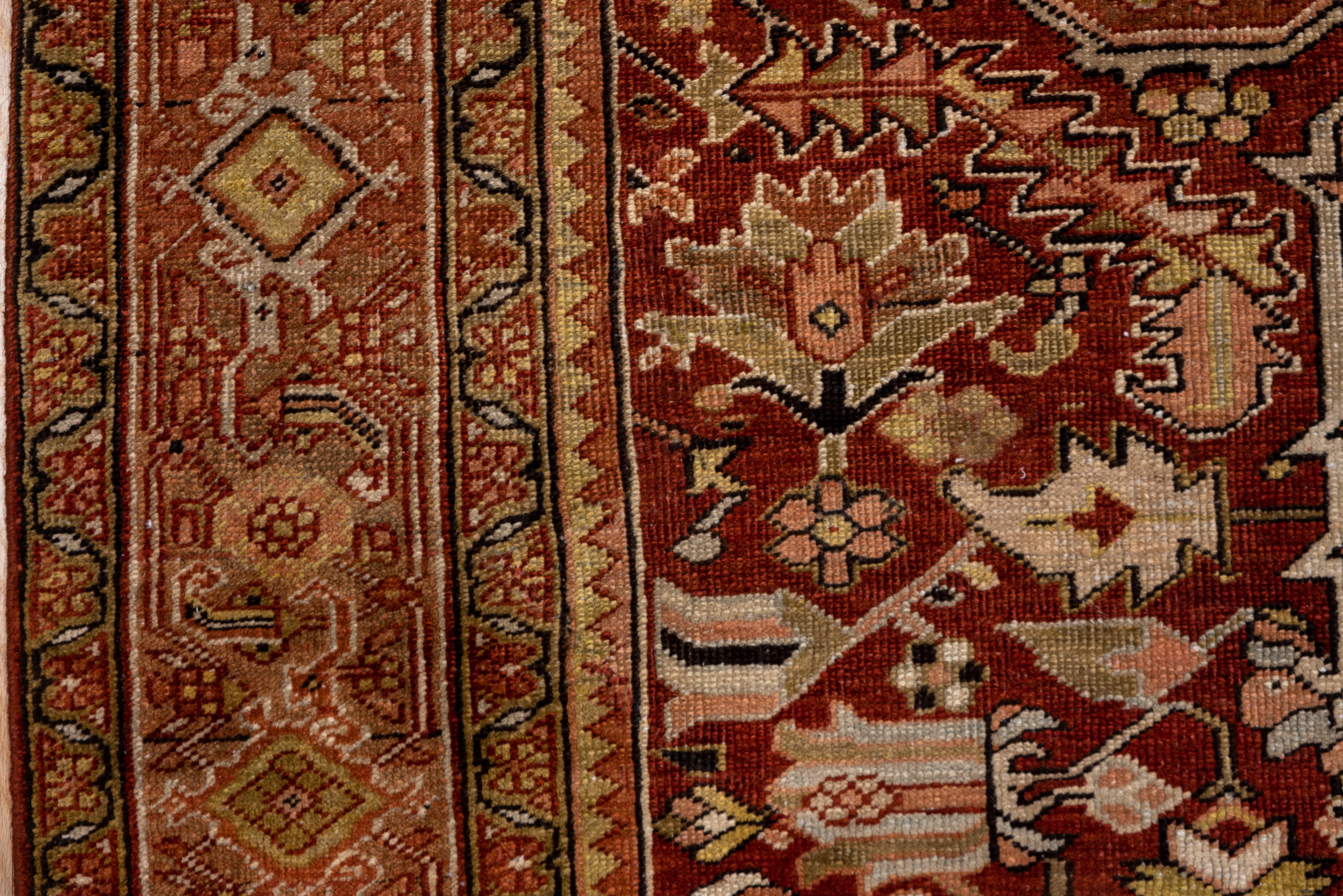 Hand-Knotted Fine Antique Persian Heriz Rug, Dark Red & Rust Field, Yellow & Coral Accents For Sale