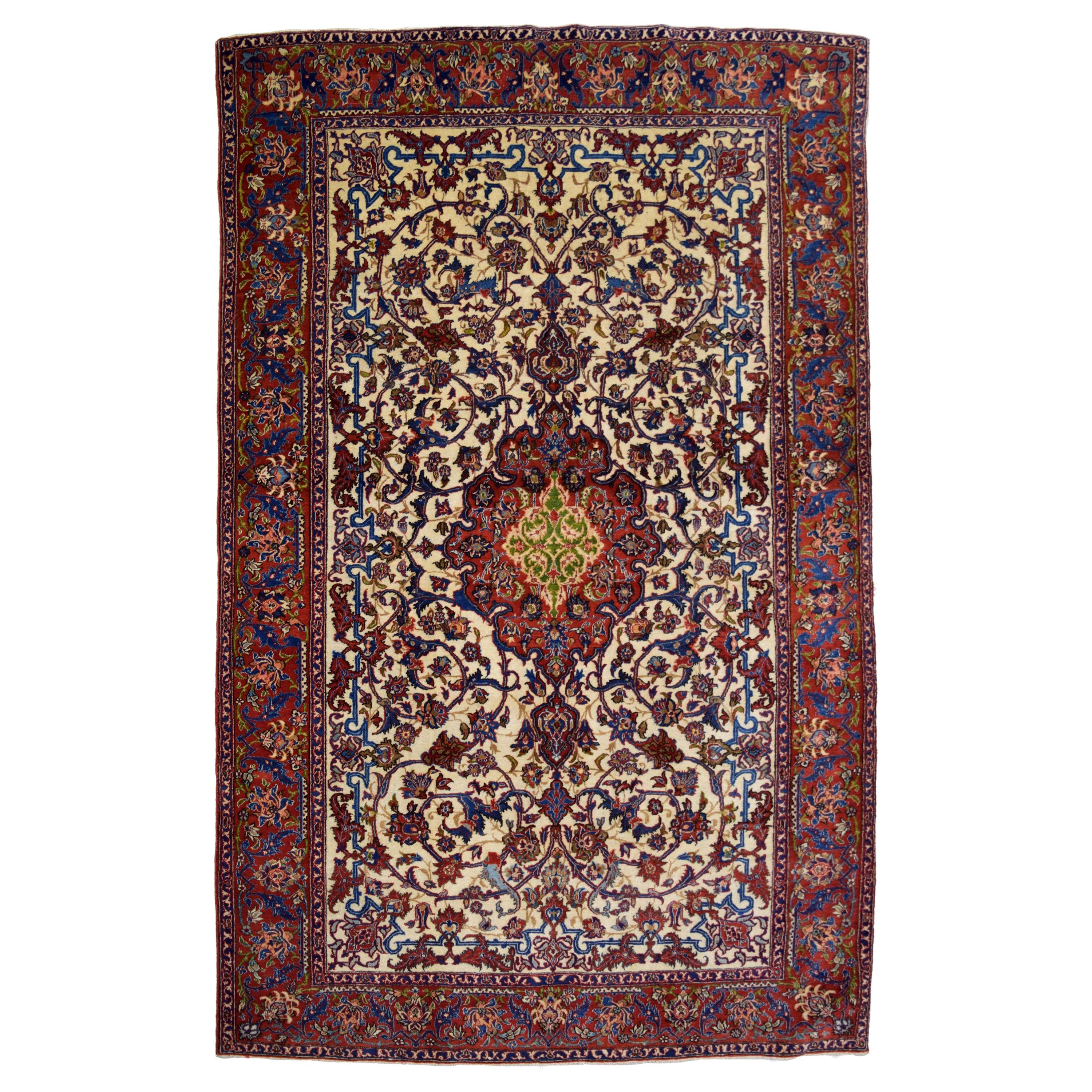 Antique 1900 Antiquities Persian Isfahan Rug, Red, Cream, and Gold, 5' x 7' en vente