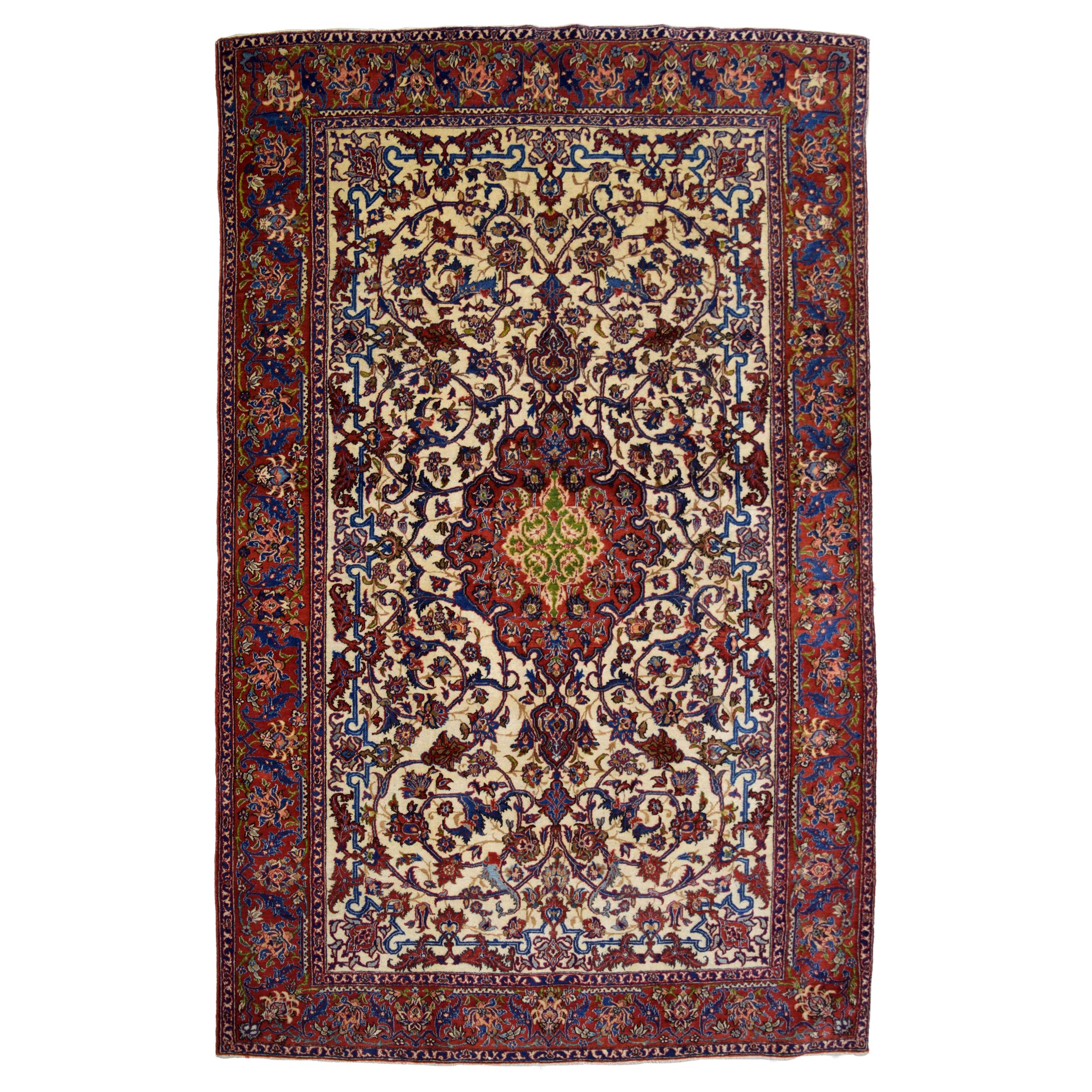 Antique 1900 Antiquities Persian Isfahan Rug, Red, Cream, and Gold, 5' x 7'