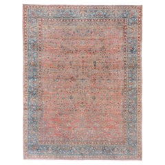 Fine Antique Persian Kashan Rug, Allover Pink Field, Blue Borders & Red Accents