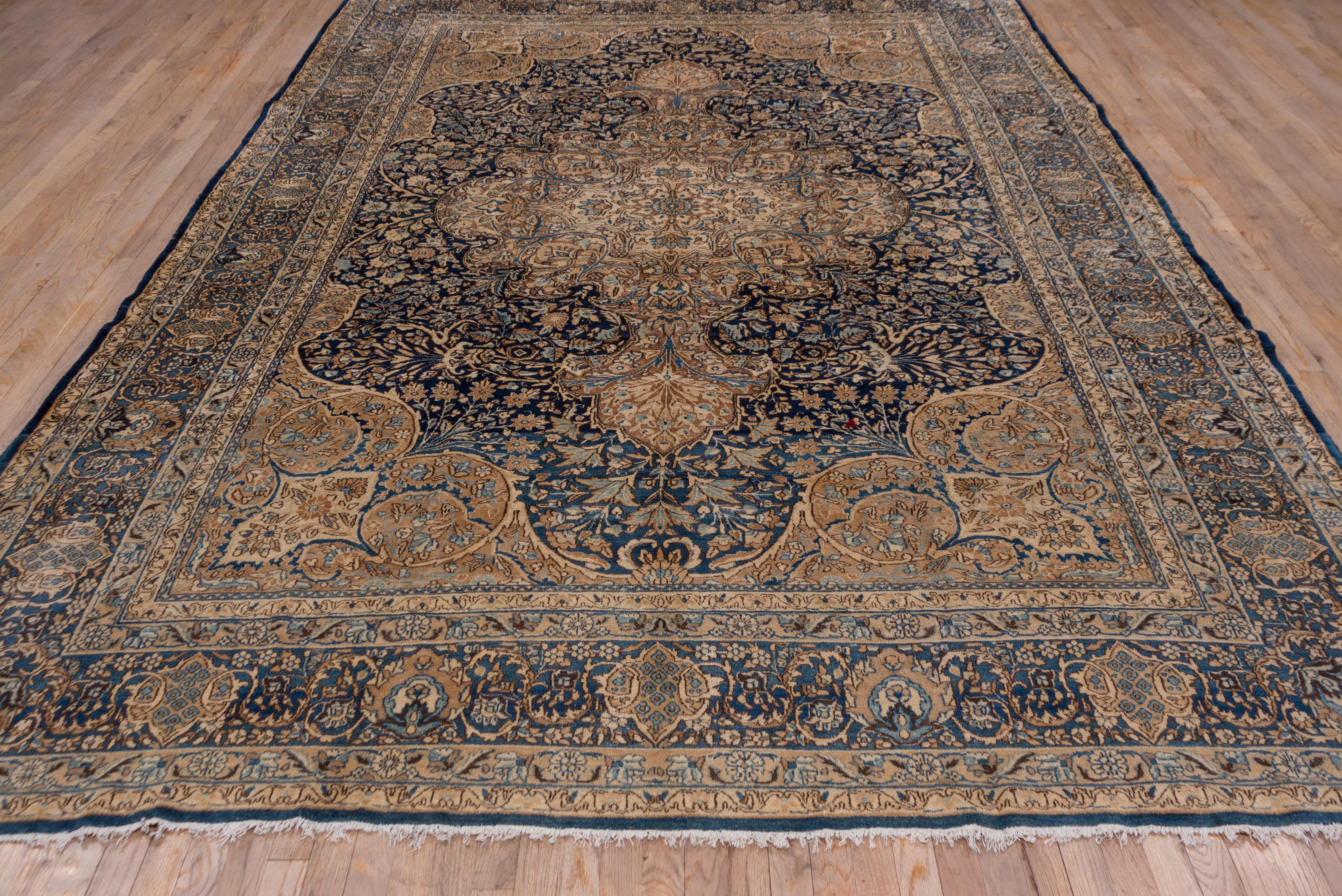 Hand-Knotted Fine Antique Persian Kerman Rug, Gold and Navy Tones, circa 1920s For Sale