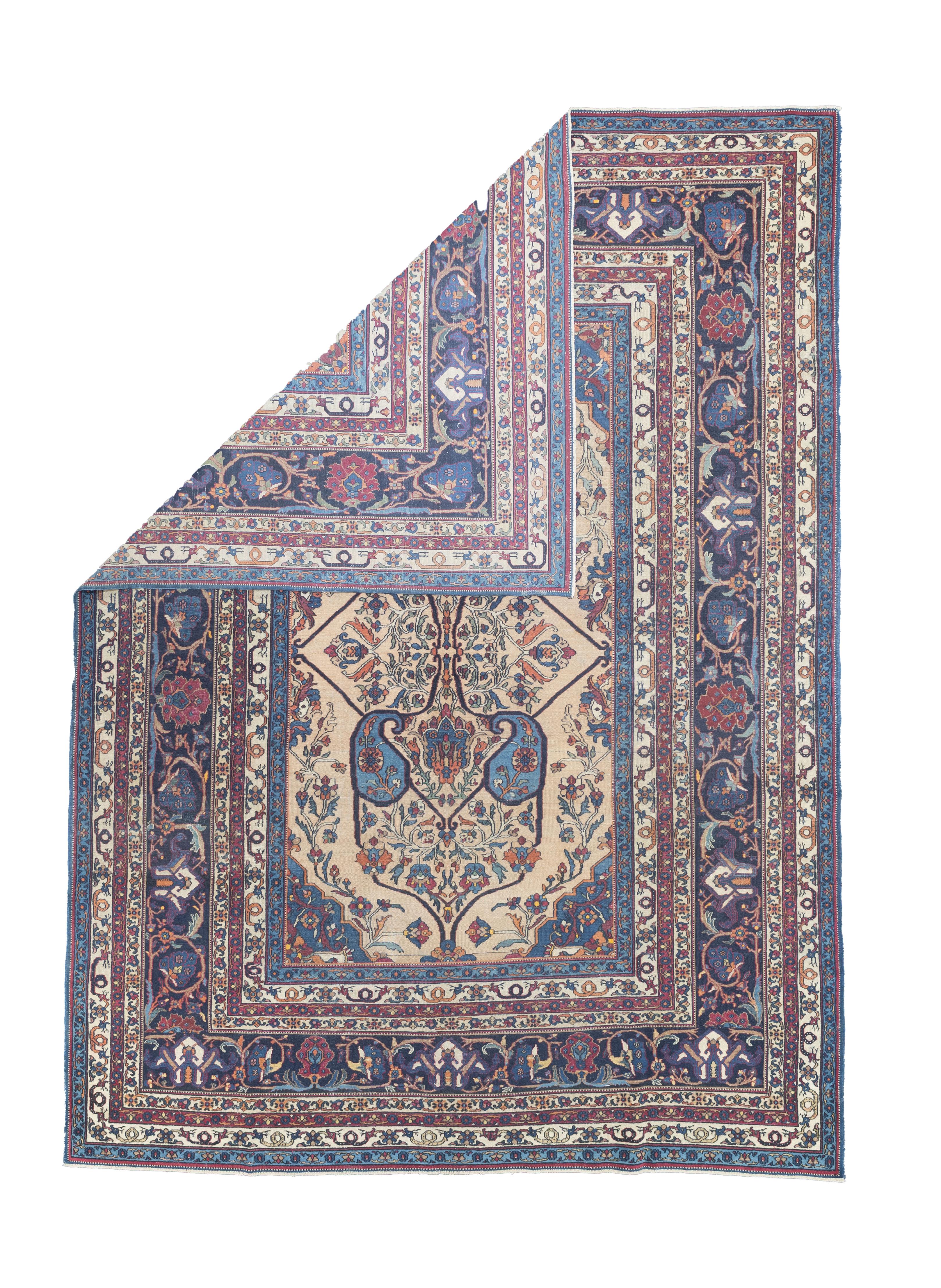 Fine Antique Persian Khorasan Rug 7’5” x 10’3”. The urban rugs made in the enormous NE Persian province (see also Meshed), with repeating patterns, long carpet formats (kellegis), soft wool, jufti knots (knots on four warps) and cochineal as a red
