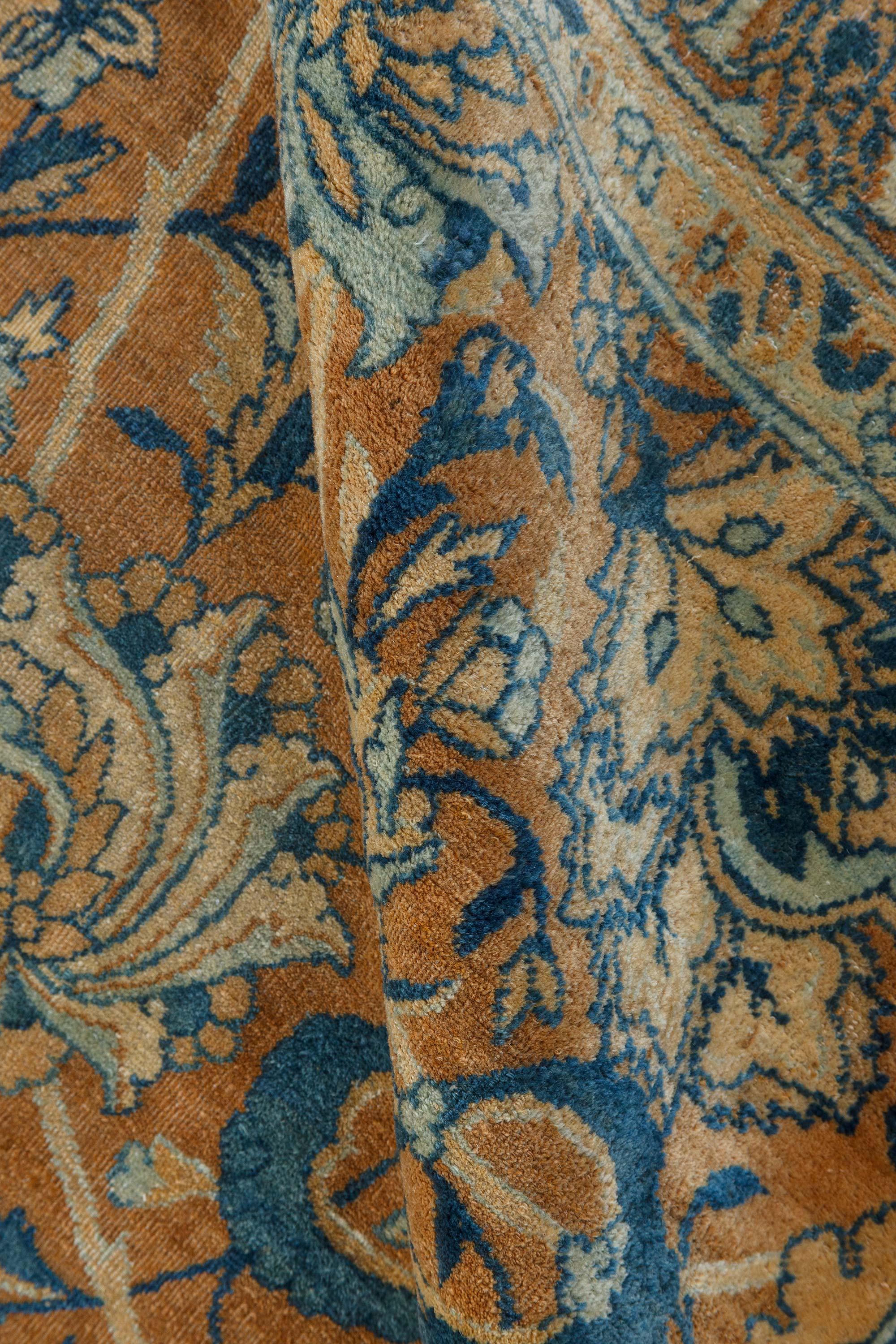 Antique Persian Kirman brown, blue handmade wool rug
Size: 12'9