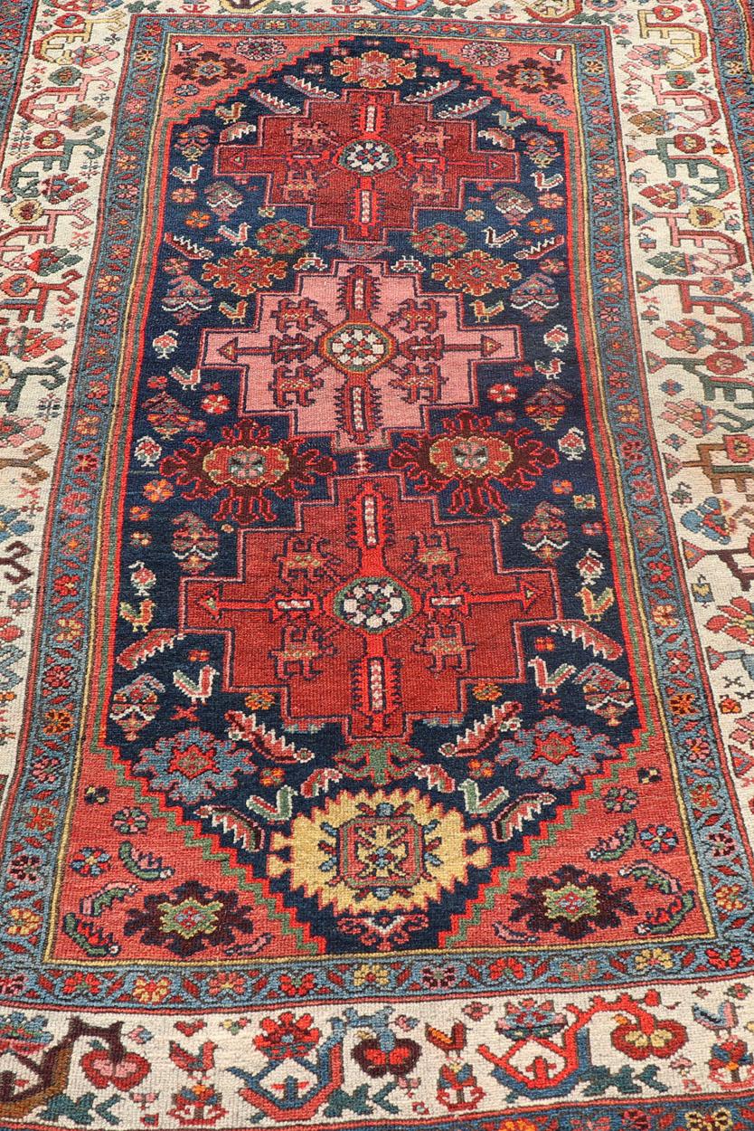 Fine Antique Persian Kurdish Rug with Medallion Design in Blue, Red, and Ivory For Sale 3