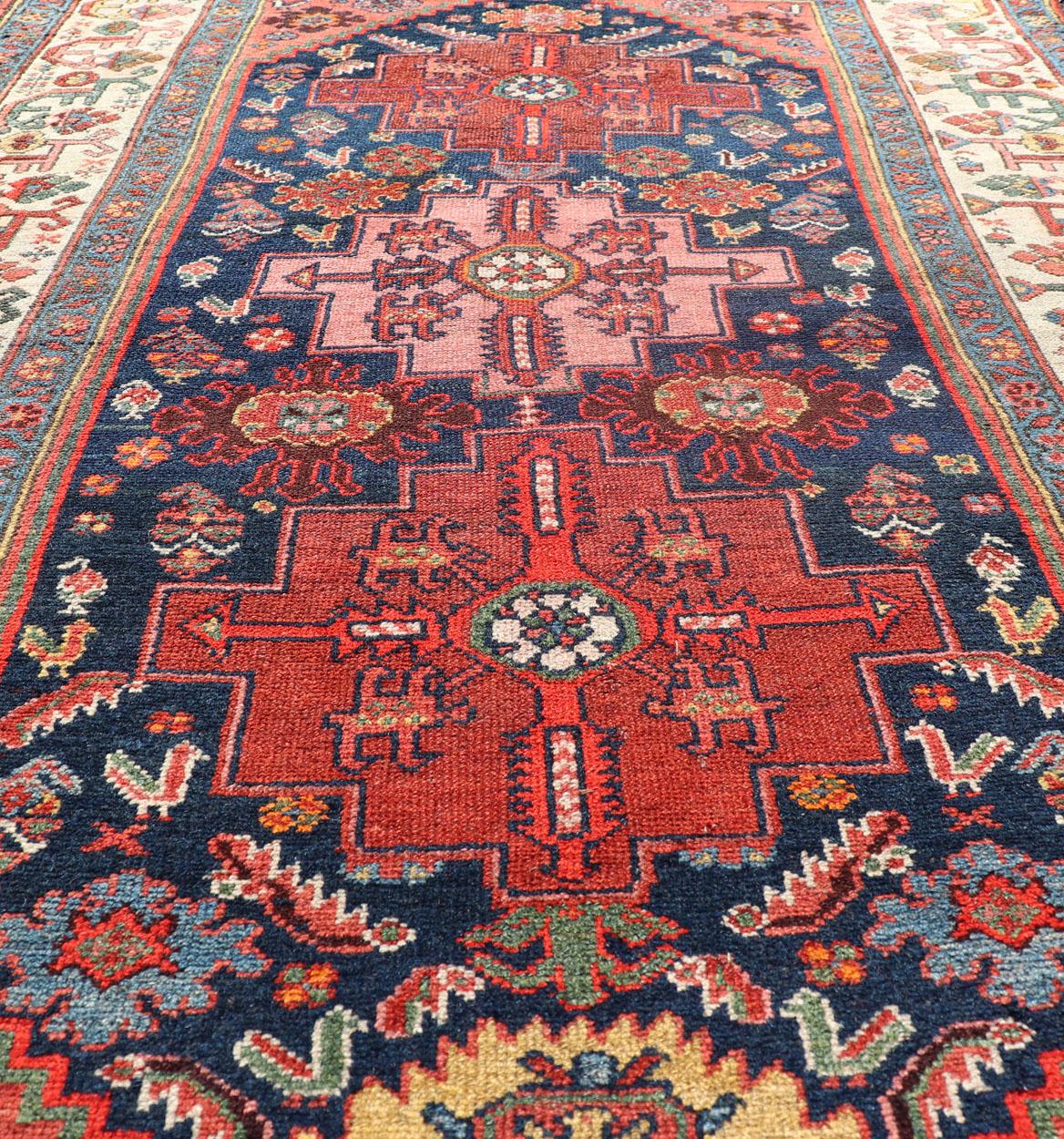 Fine Antique Persian Kurdish Rug with Medallion Design in Blue, Red, and Ivory For Sale 4