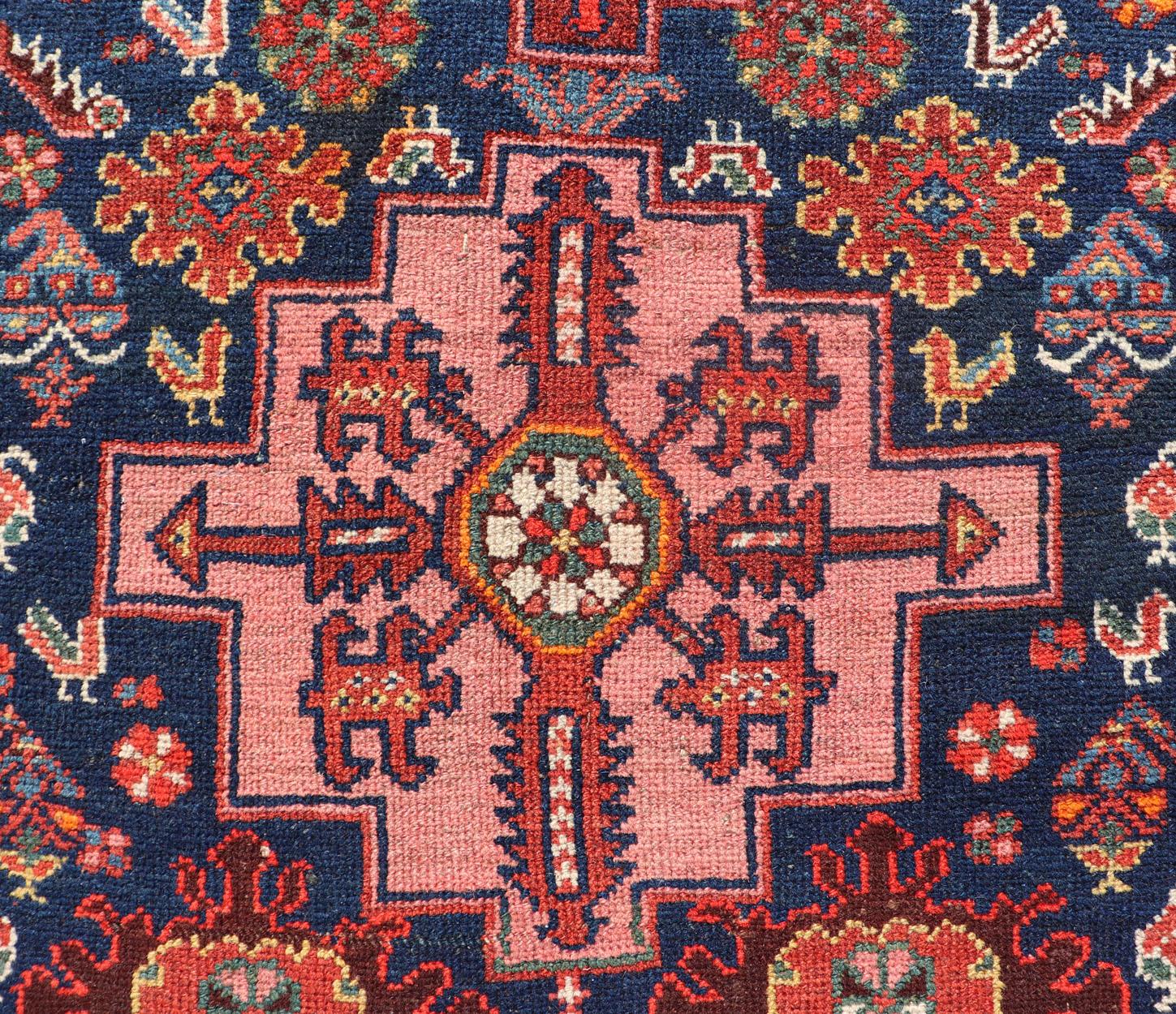 Fine Antique Persian Kurdish Rug with Medallion Design in Blue, Red, and Ivory For Sale 5