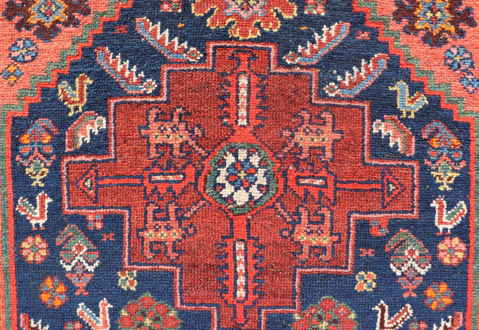 Fine Antique Persian Kurdish Rug with Medallion Design in Blue, Red, and Ivory For Sale 6