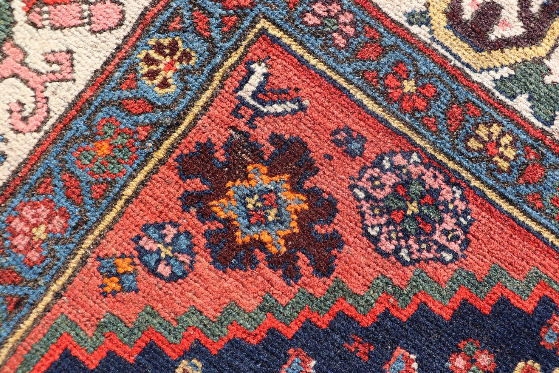 Fine Antique Persian Kurdish Rug with Medallion Design in Blue, Red, and Ivory For Sale 7