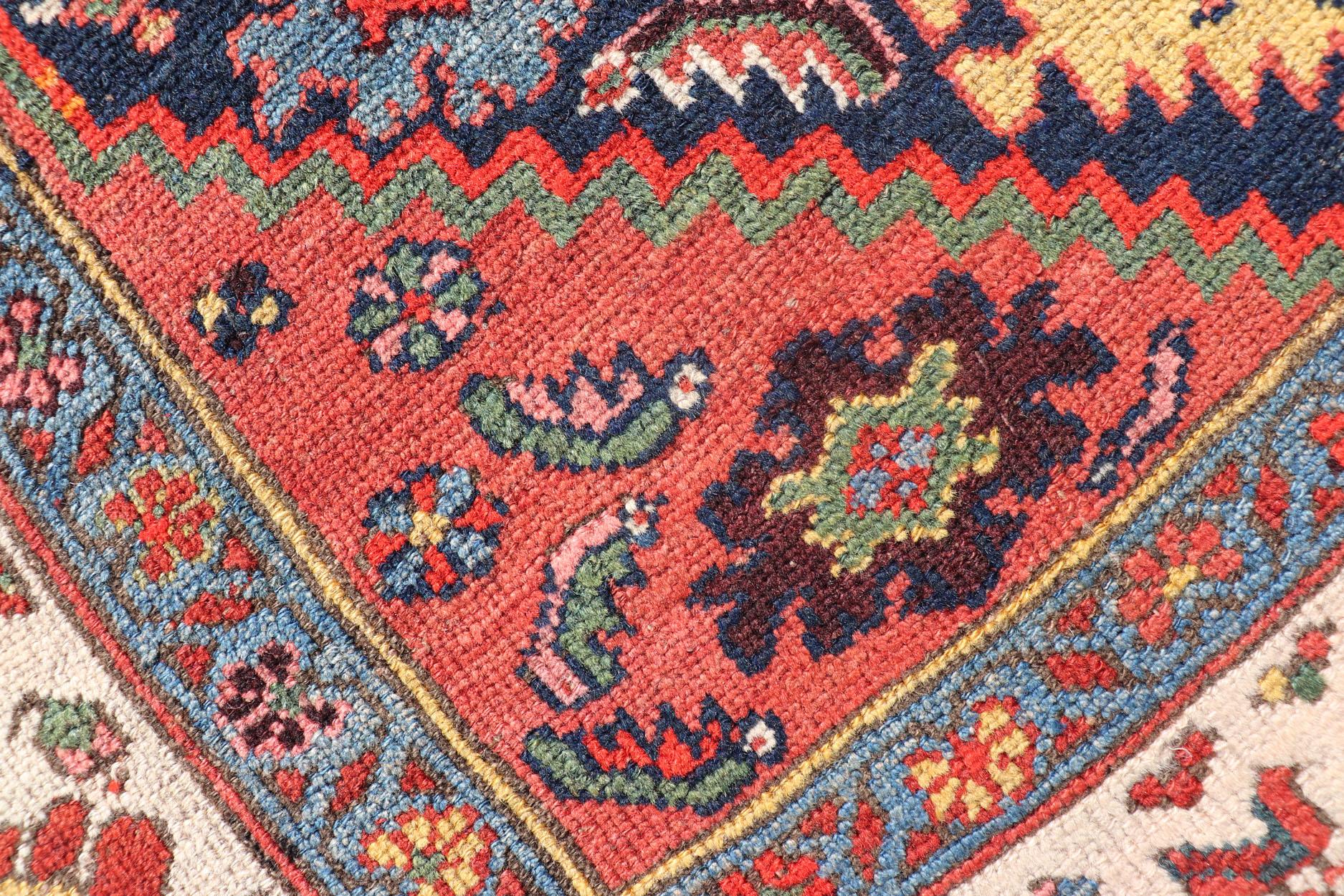 Fine Antique Persian Kurdish Rug with Medallion Design in Blue, Red, and Ivory For Sale 9