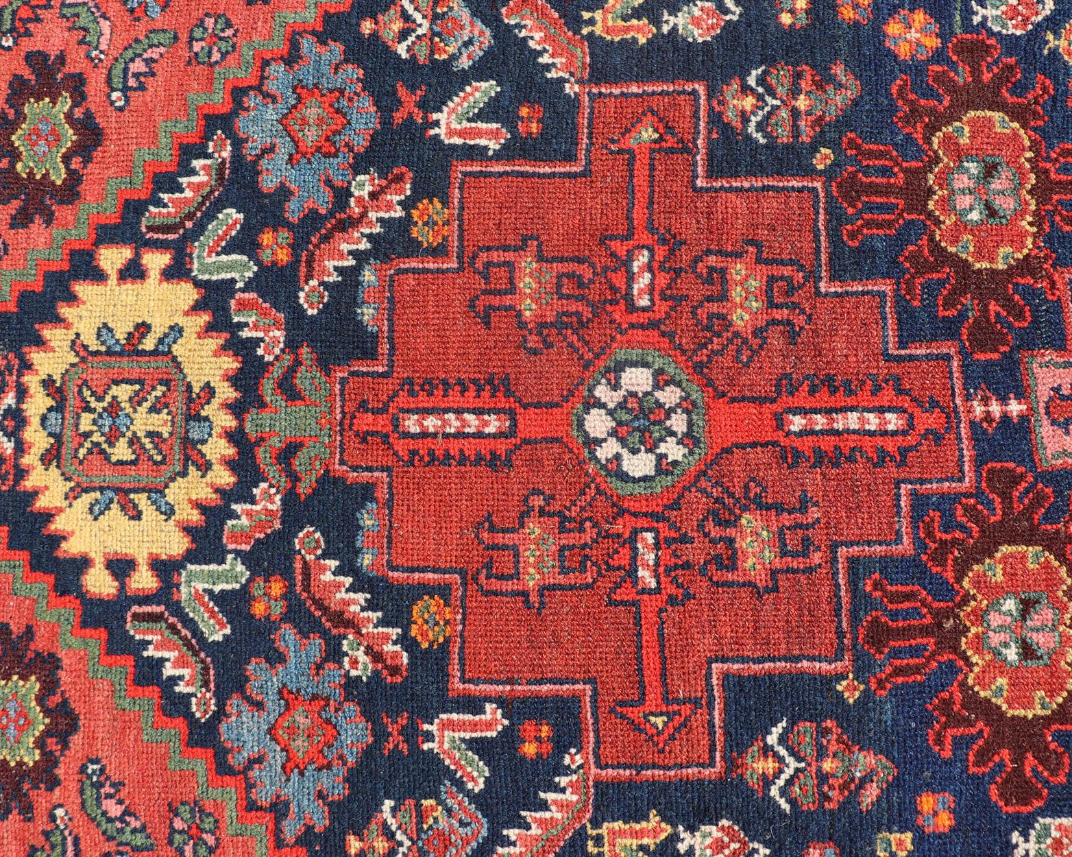 Fine Antique Persian Kurdish Rug with Medallion Design in Blue, Red, and Ivory For Sale 10