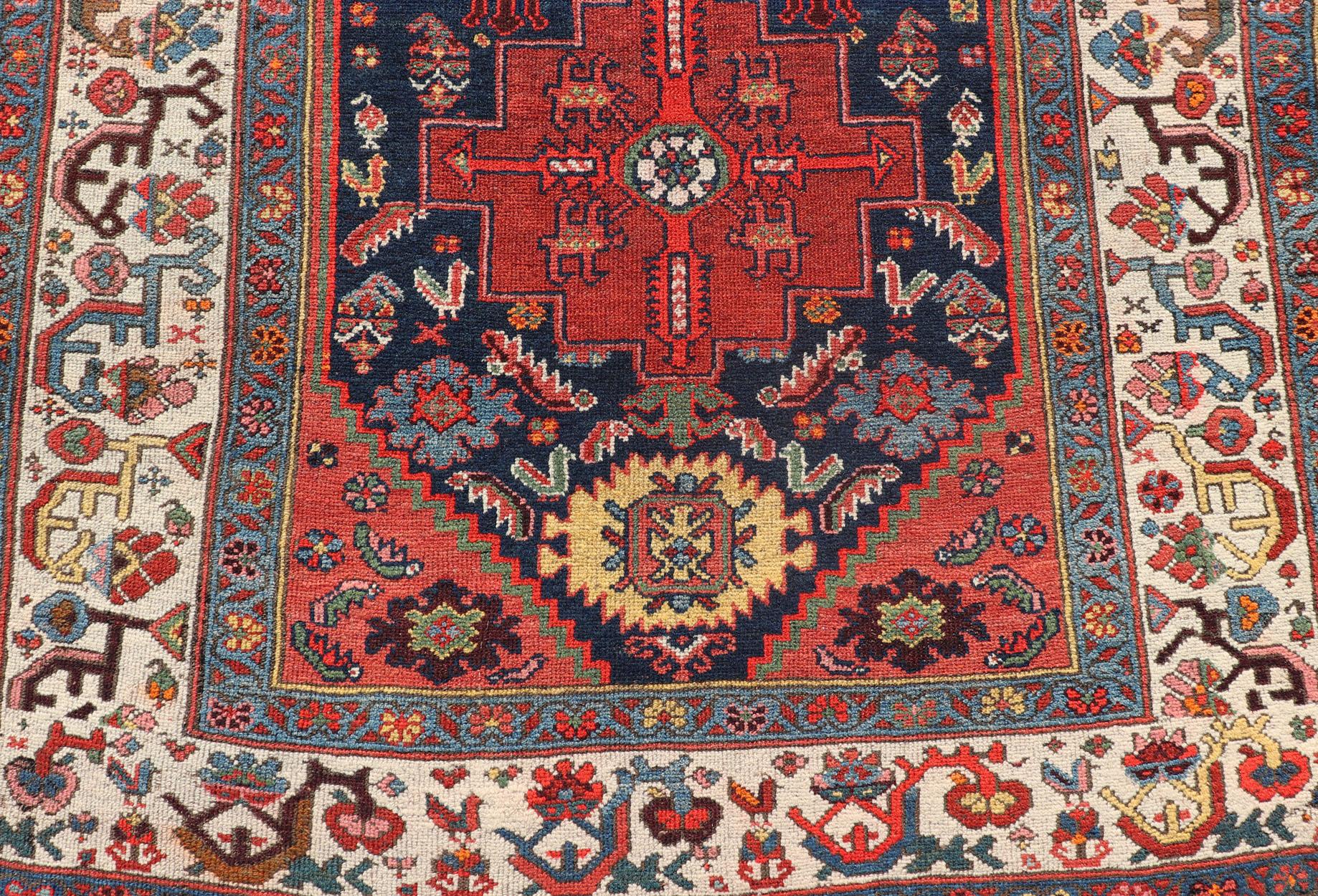 Fine Antique Persian Kurdish Rug with Medallion Design in Blue, Red, and Ivory For Sale 11
