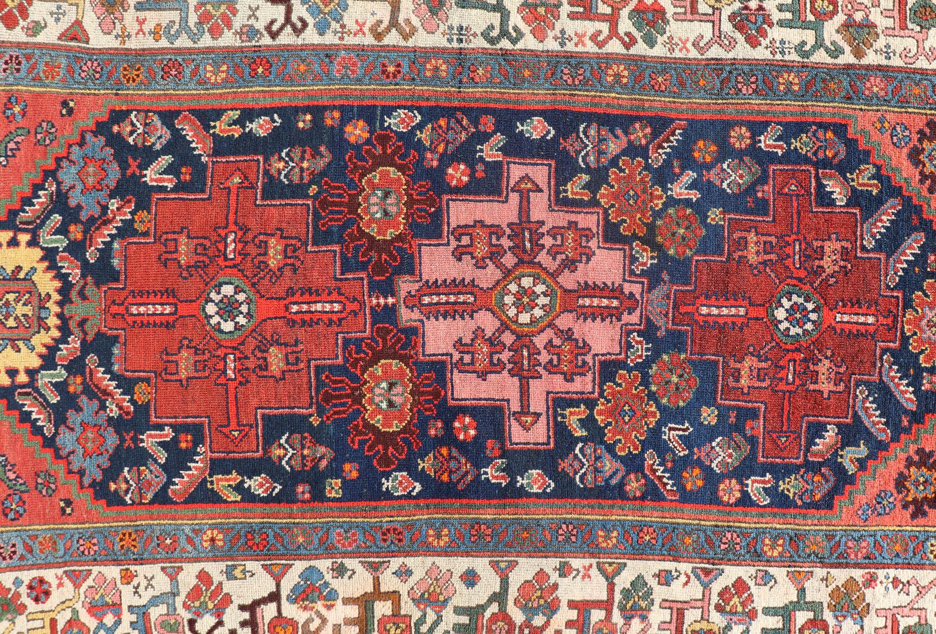 20th Century Fine Antique Persian Kurdish Rug with Medallion Design in Blue, Red, and Ivory For Sale
