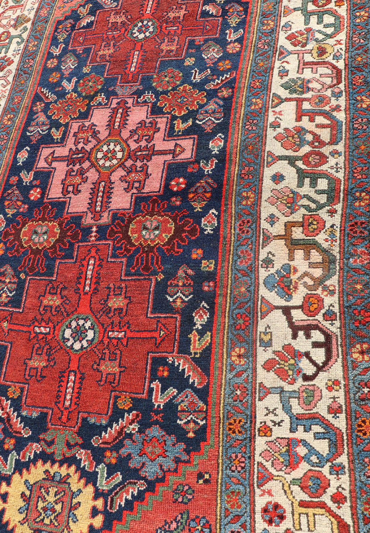 Fine Antique Persian Kurdish Rug with Medallion Design in Blue, Red, and Ivory For Sale 2