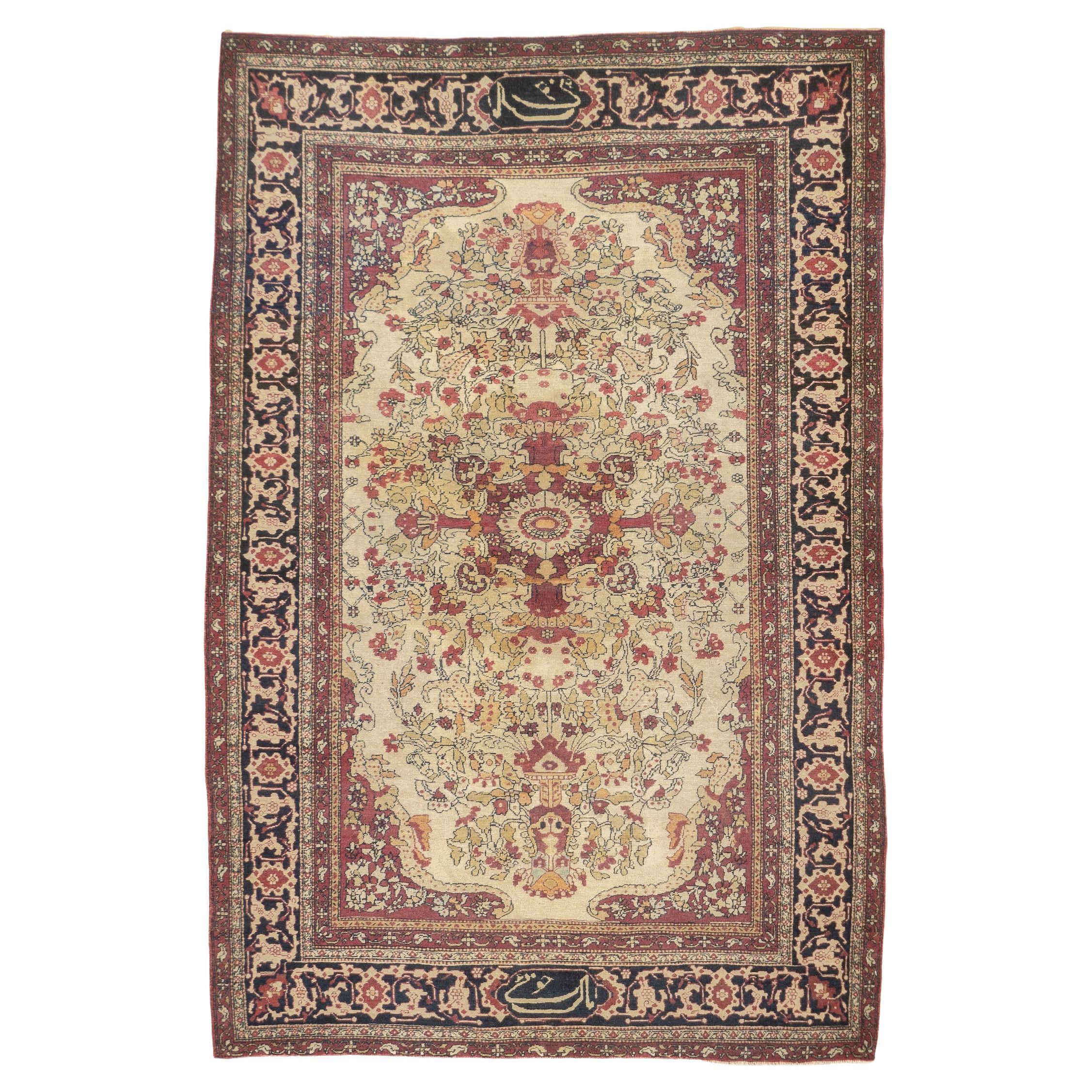 Feiner antiker persischer Lavar Kerman SIgned von Meisterweber Teppich 4'6" x 6'8" im Angebot