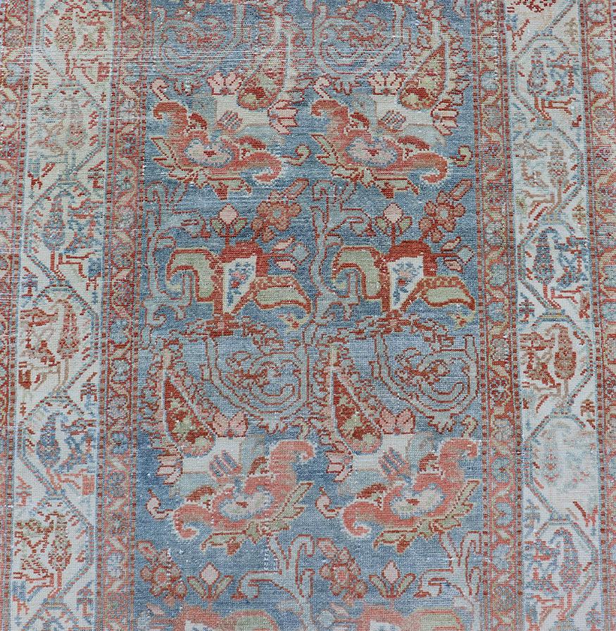 Fine Antique Persian Malayer Runner in Soft Tones of Blue, Red, Brown and Cream For Sale 4