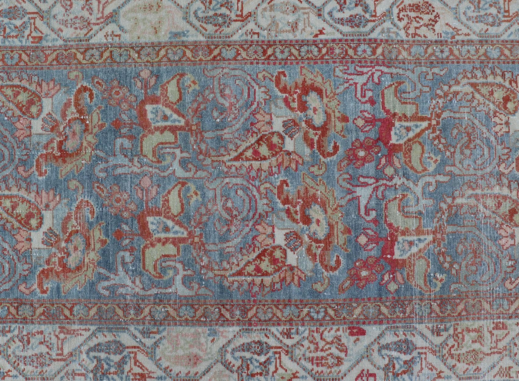 Fine Antique Persian Malayer Runner in Soft Tones of Blue, Red, Brown and Cream For Sale 6