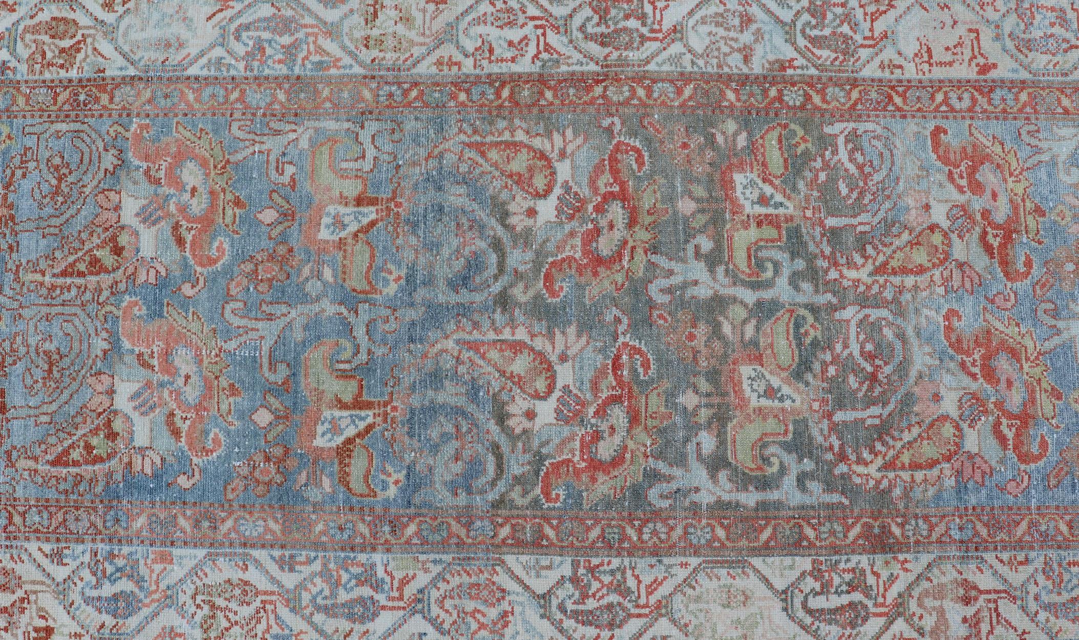 Fine Antique Persian Malayer Runner in Soft Tones of Blue, Red, Brown and Cream For Sale 7