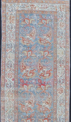 Fine Antique Persian Malayer Runner in Soft Tones of Blue, Red, Brown and Cream