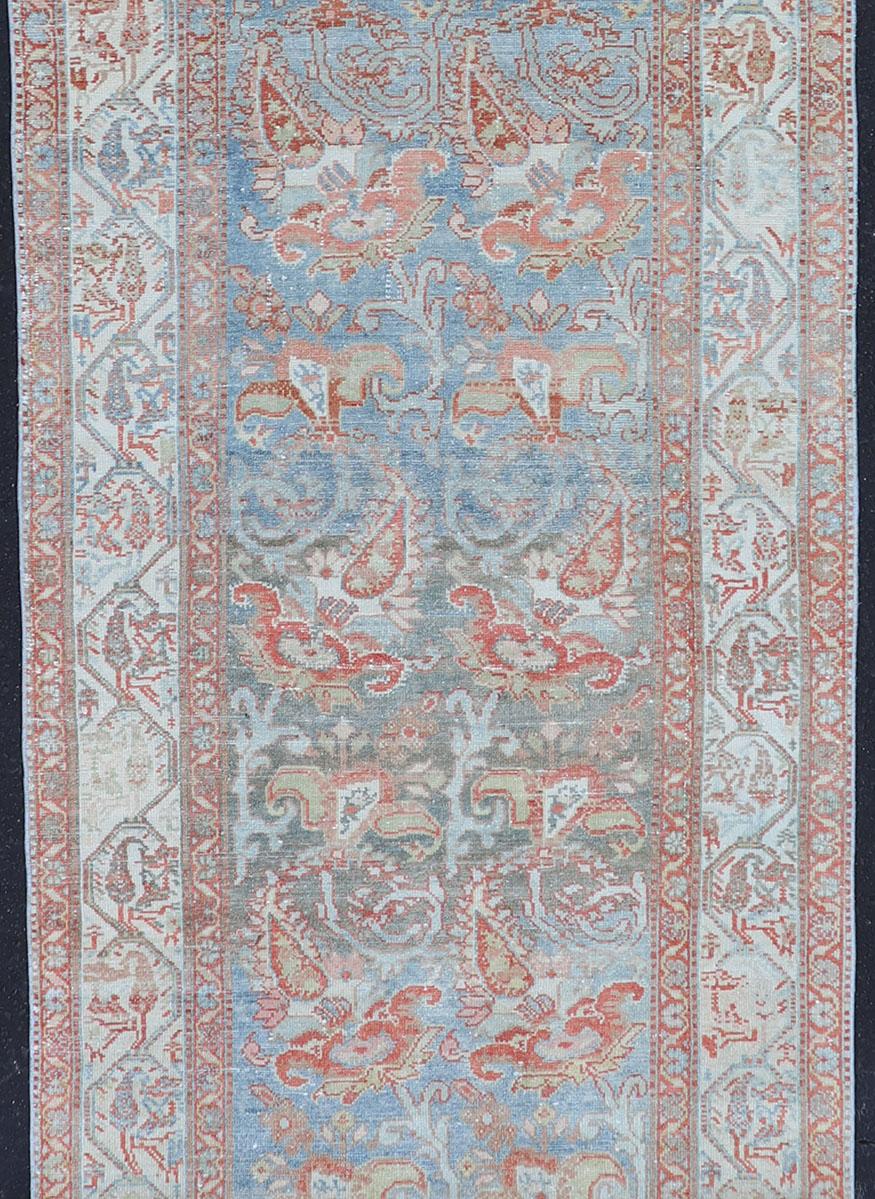 Hand-Knotted Fine Antique Persian Malayer Runner in Soft Tones of Blue, Red, Brown and Cream For Sale