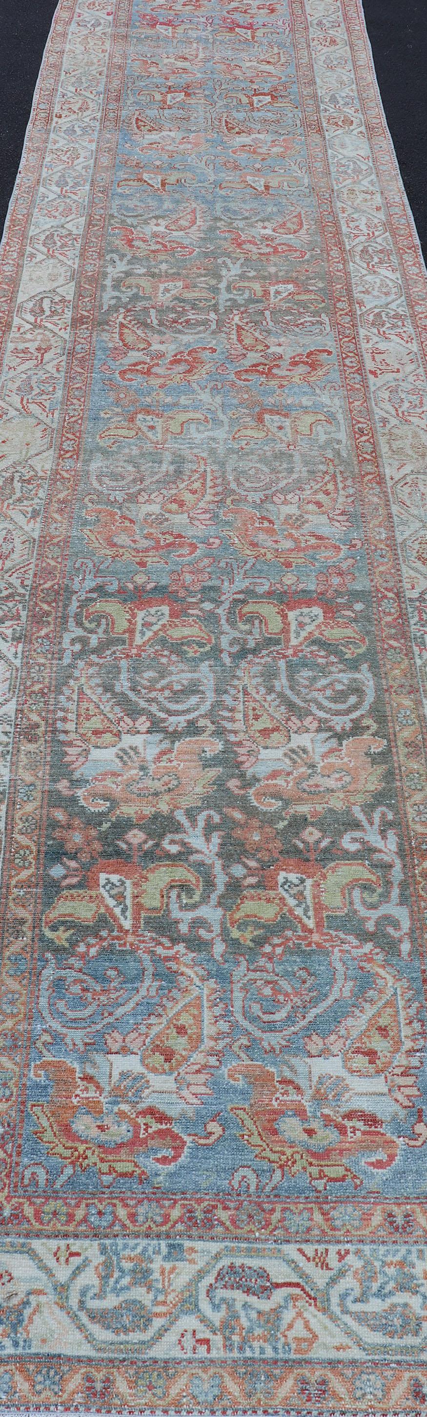Wool Fine Antique Persian Malayer Runner in Soft Tones of Blue, Red, Brown and Cream For Sale