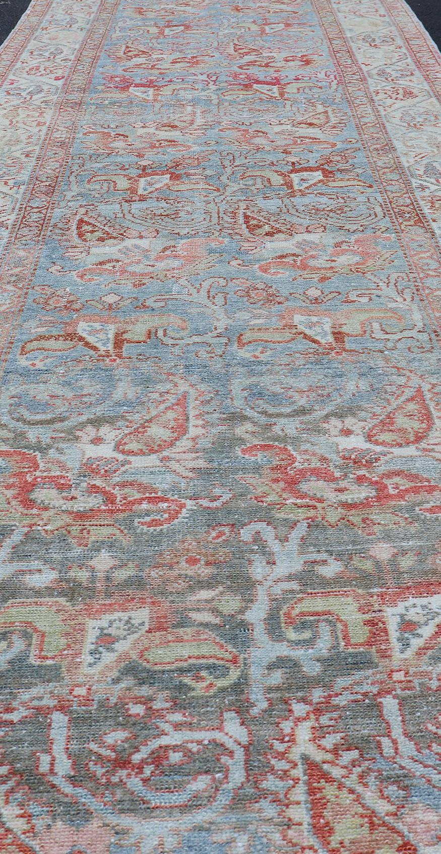 Fine Antique Persian Malayer Runner in Soft Tones of Blue, Red, Brown and Cream For Sale 2
