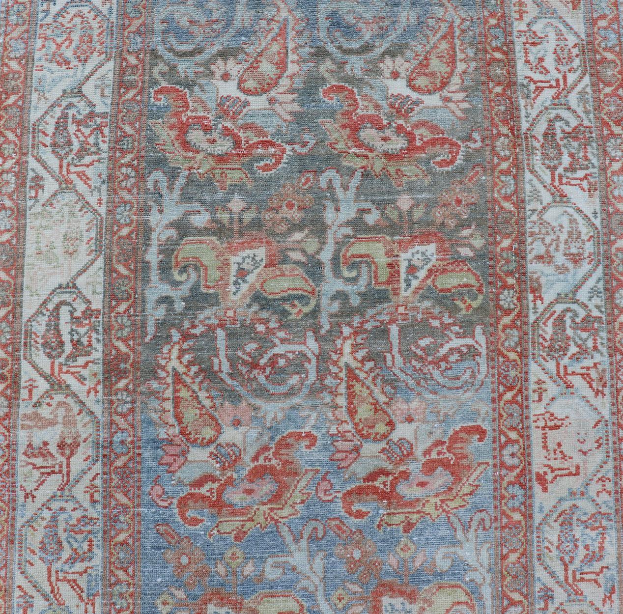 Fine Antique Persian Malayer Runner in Soft Tones of Blue, Red, Brown and Cream For Sale 3