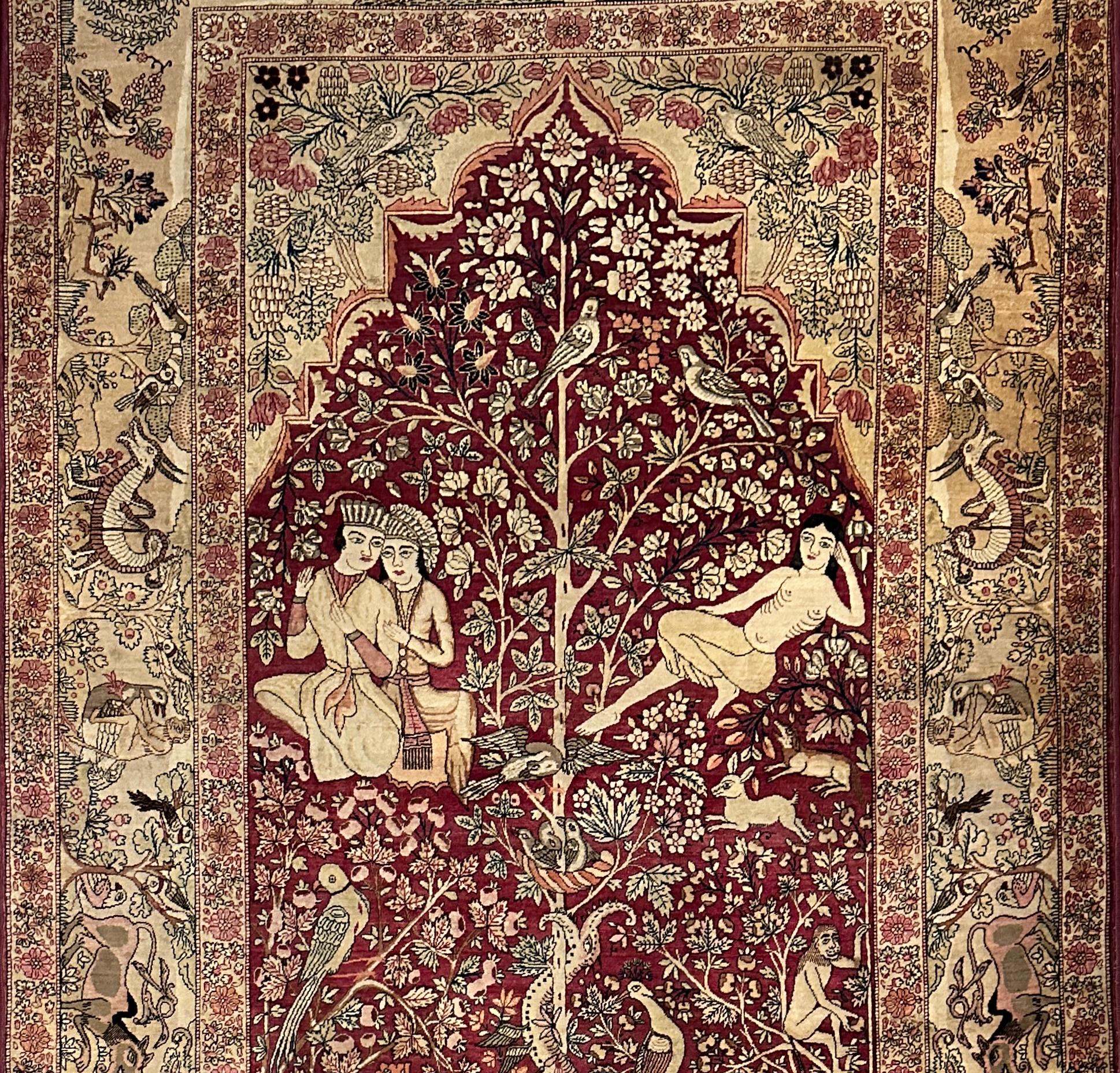 Finest quality 19th century Persian rug with figural scenes of mythological figures, men, women and animals. Central tree with birds and bird nest.
Persian wall hanging/tapestry. Cleverly composed and distinctively well-balanced, this antique