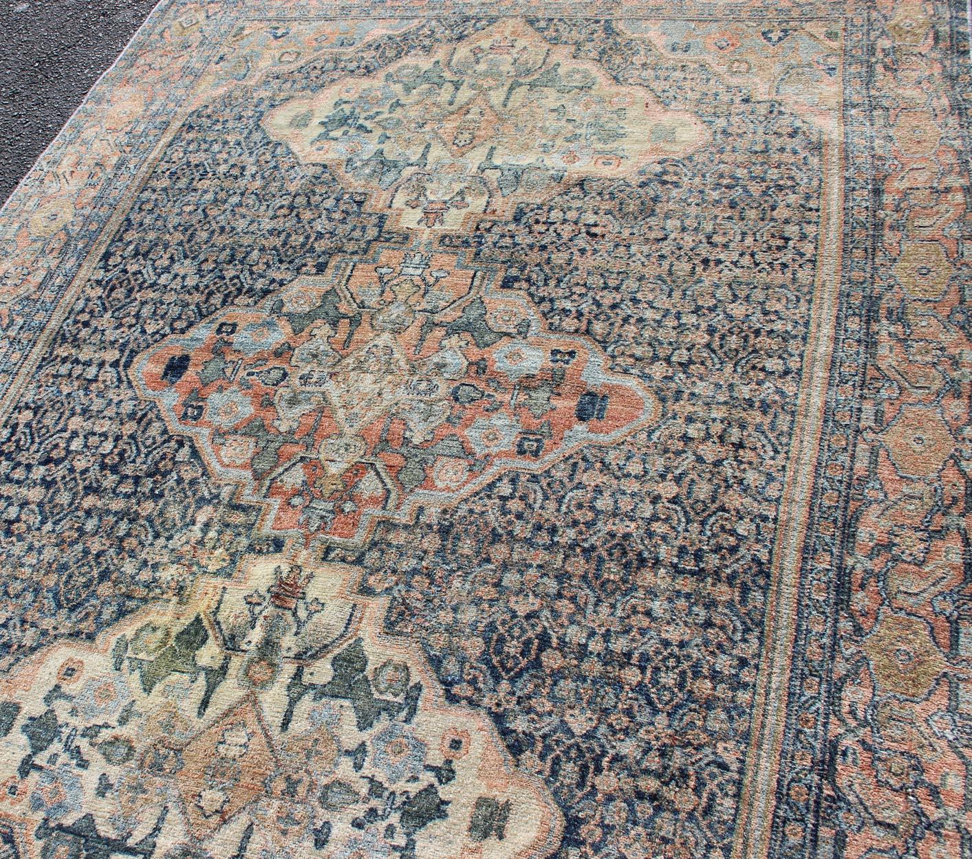 Fine Antique Persian Seneh Rug in Steel & Gray Blue Background and Multi colors For Sale 3