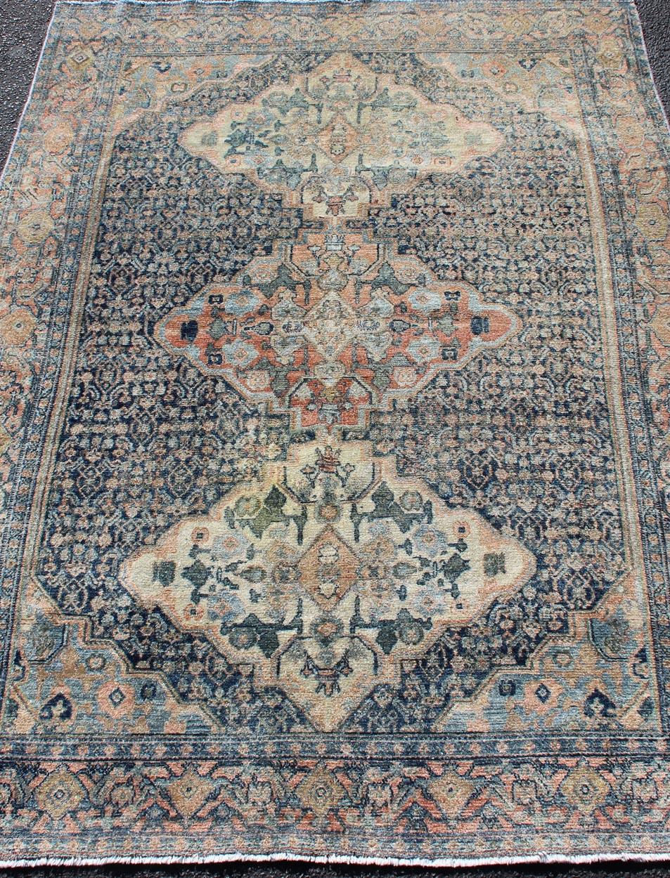 Fine Antique Persian Seneh Rug in Steel & Gray Blue Background and Multi colors For Sale 4