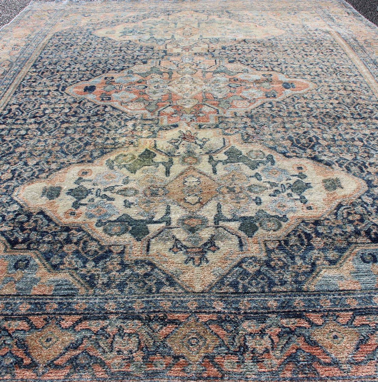 Fine Antique Persian Seneh Rug in Steel & Gray Blue Background and Multi colors For Sale 5