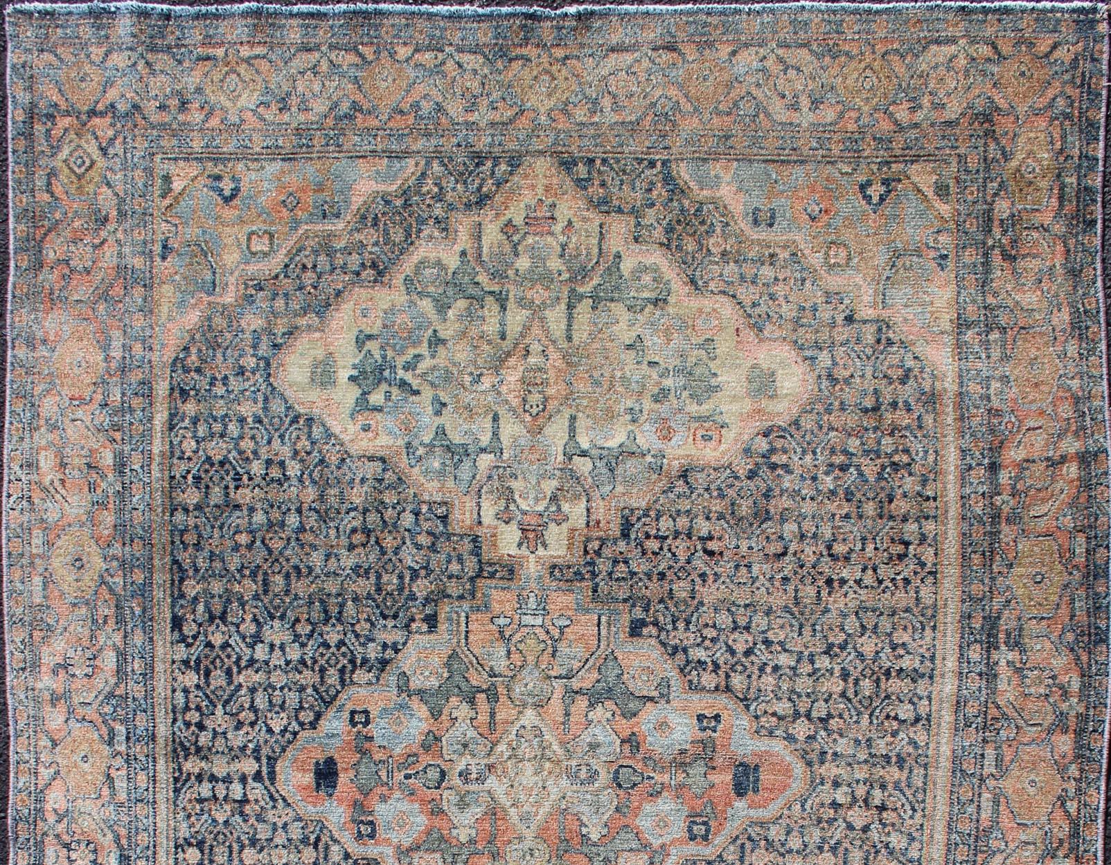 Malayer Fine Antique Persian Seneh Rug in Steel & Gray Blue Background and Multi colors For Sale