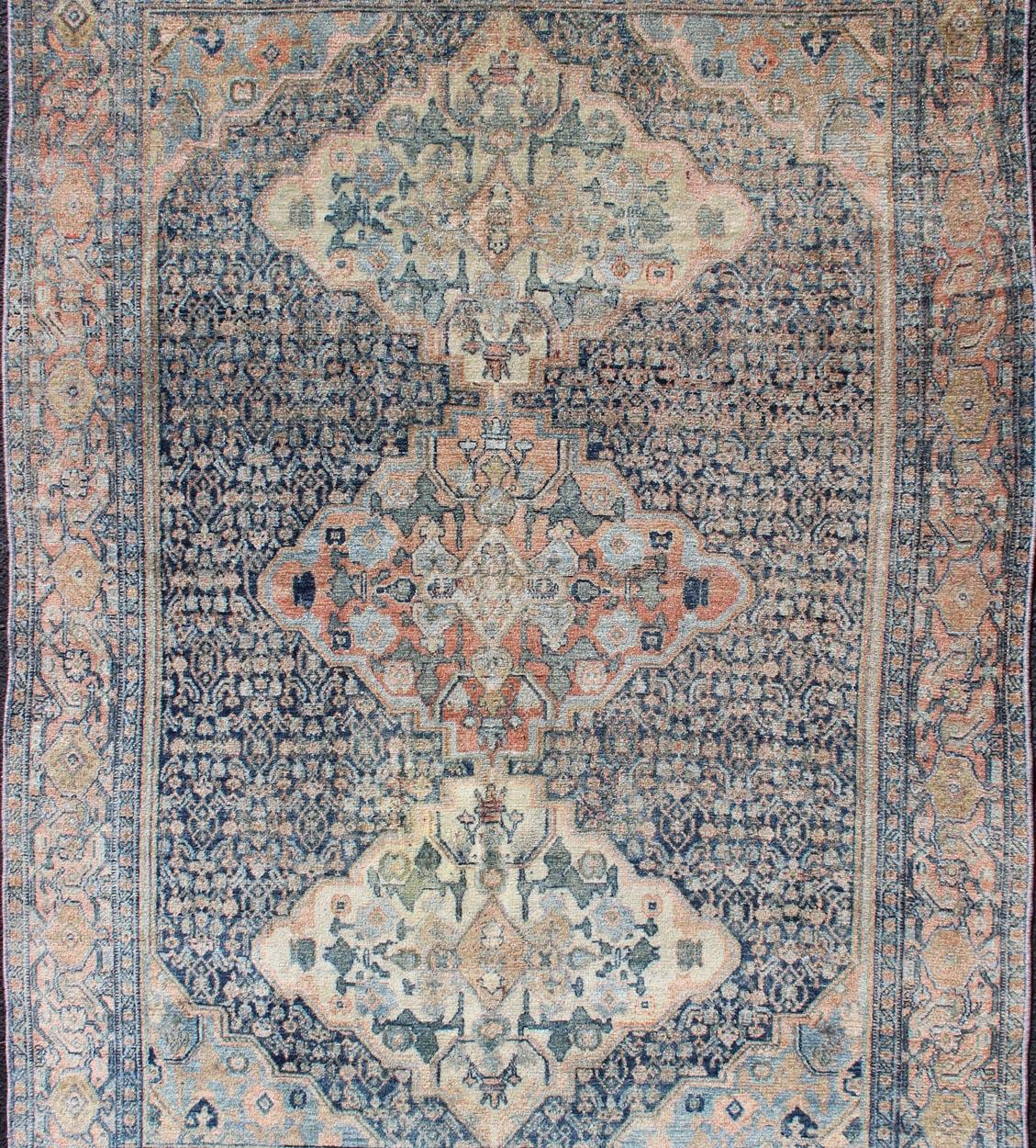 Hand-Knotted Fine Antique Persian Seneh Rug in Steel & Gray Blue Background and Multi colors For Sale