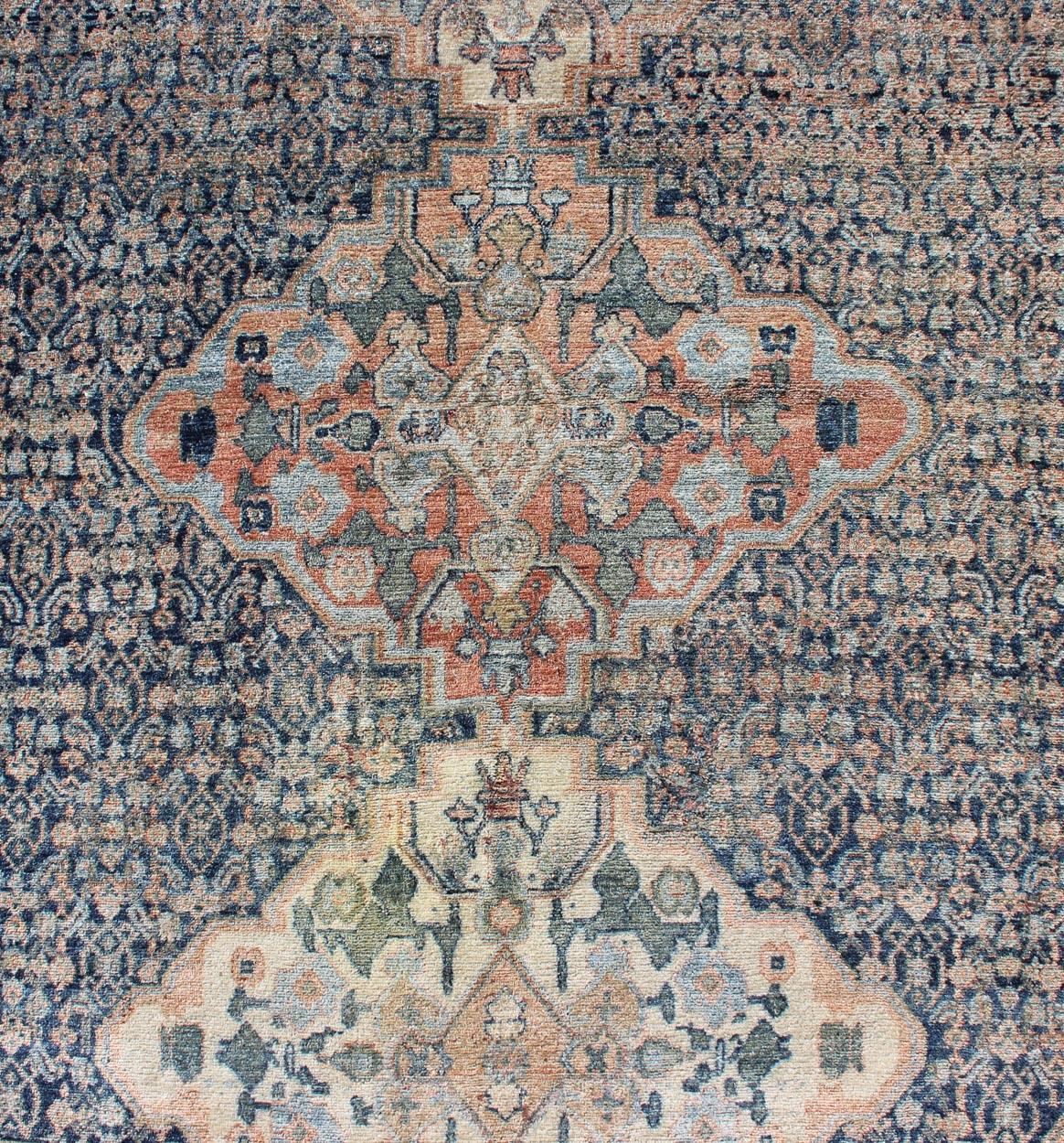 Early 20th Century Fine Antique Persian Seneh Rug in Steel & Gray Blue Background and Multi colors For Sale