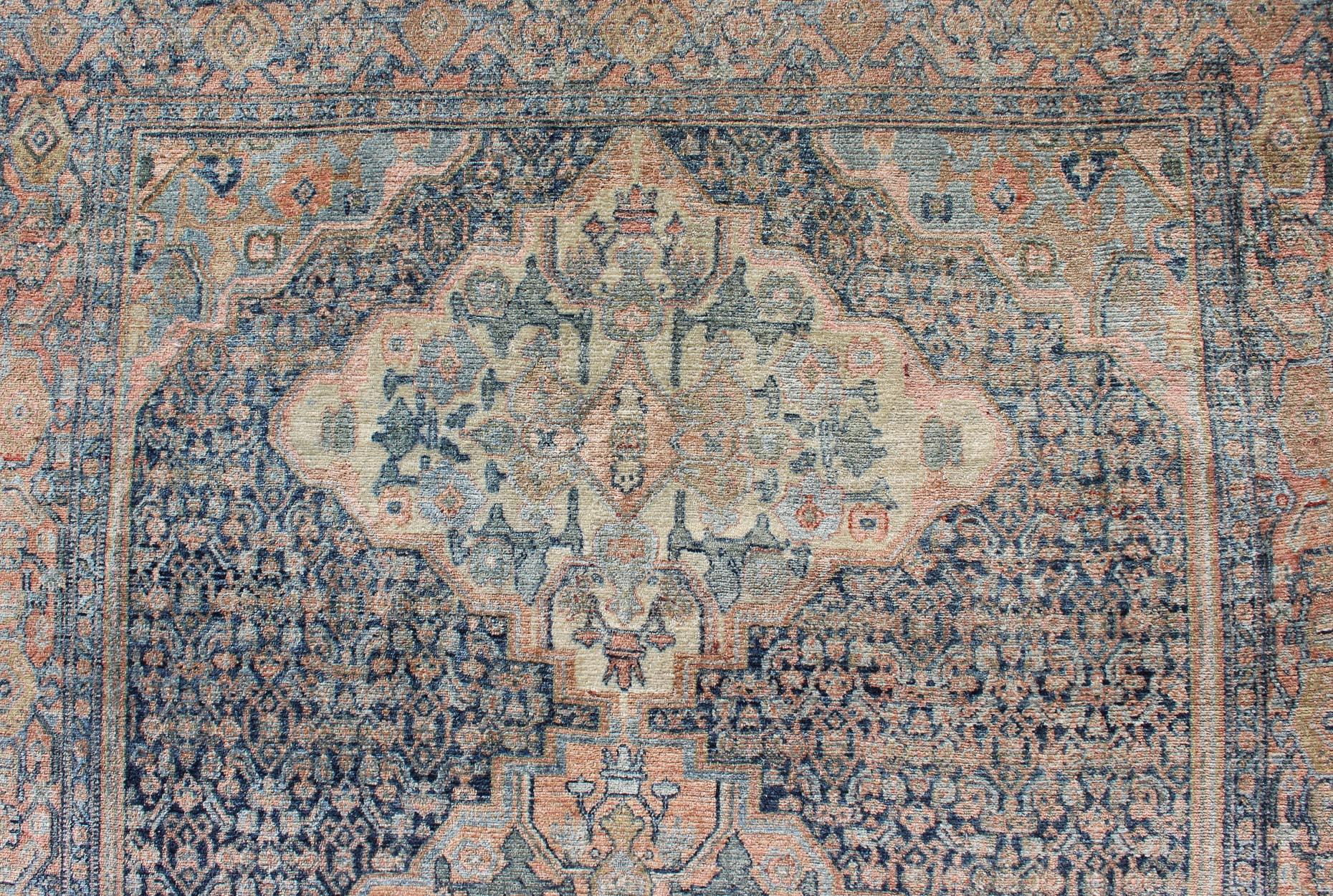 Wool Fine Antique Persian Seneh Rug in Steel & Gray Blue Background and Multi colors For Sale
