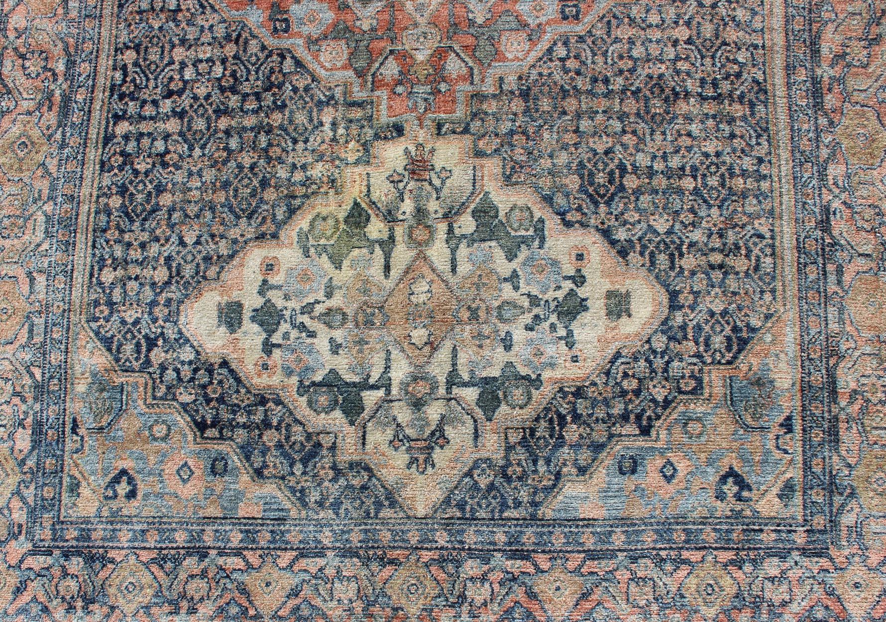 Fine Antique Persian Seneh Rug in Steel & Gray Blue Background and Multi colors For Sale 1