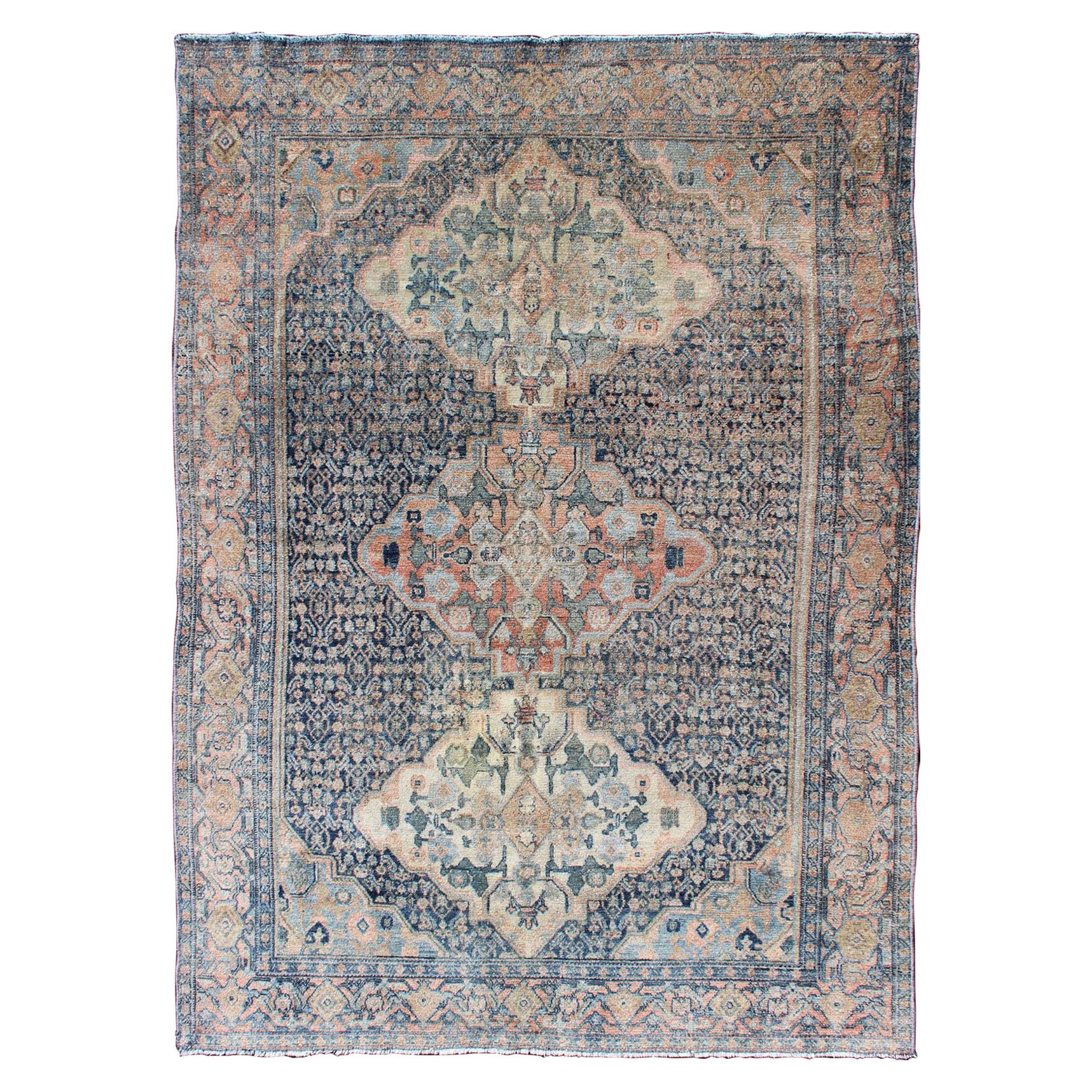 Fine Antique Persian Seneh Rug in Steel & Gray Blue Background and Multi colors
