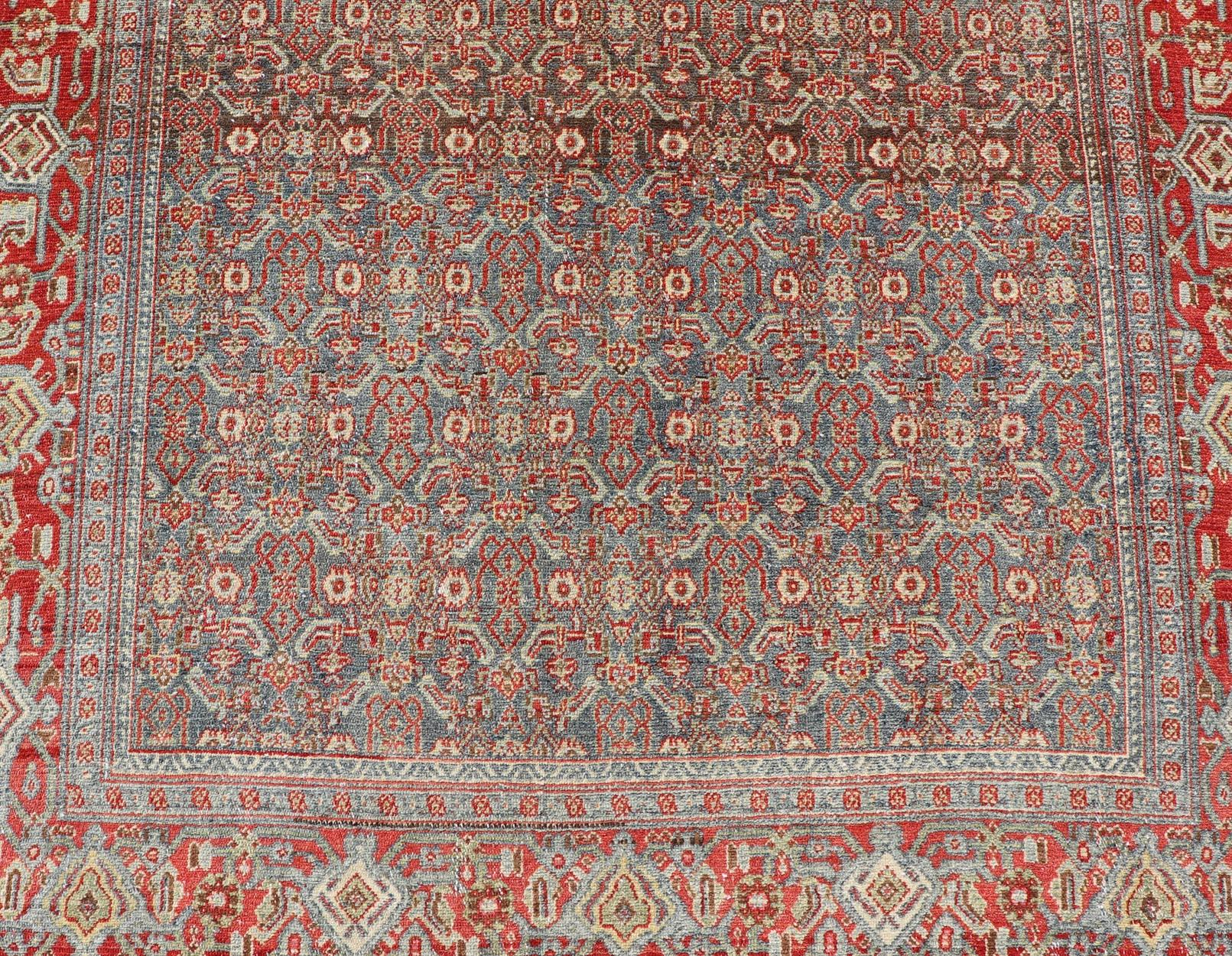Measures: 4'2 x 6'2 
Fine Antique Persian Senneh Rug with Herati Geometric Design in Background. Keivan Woven Arts / rug EMB-22175-15035, country of origin / type: Iran / Senneh, circa 1910.

This incredibly fine antique Persian Senneh rug was