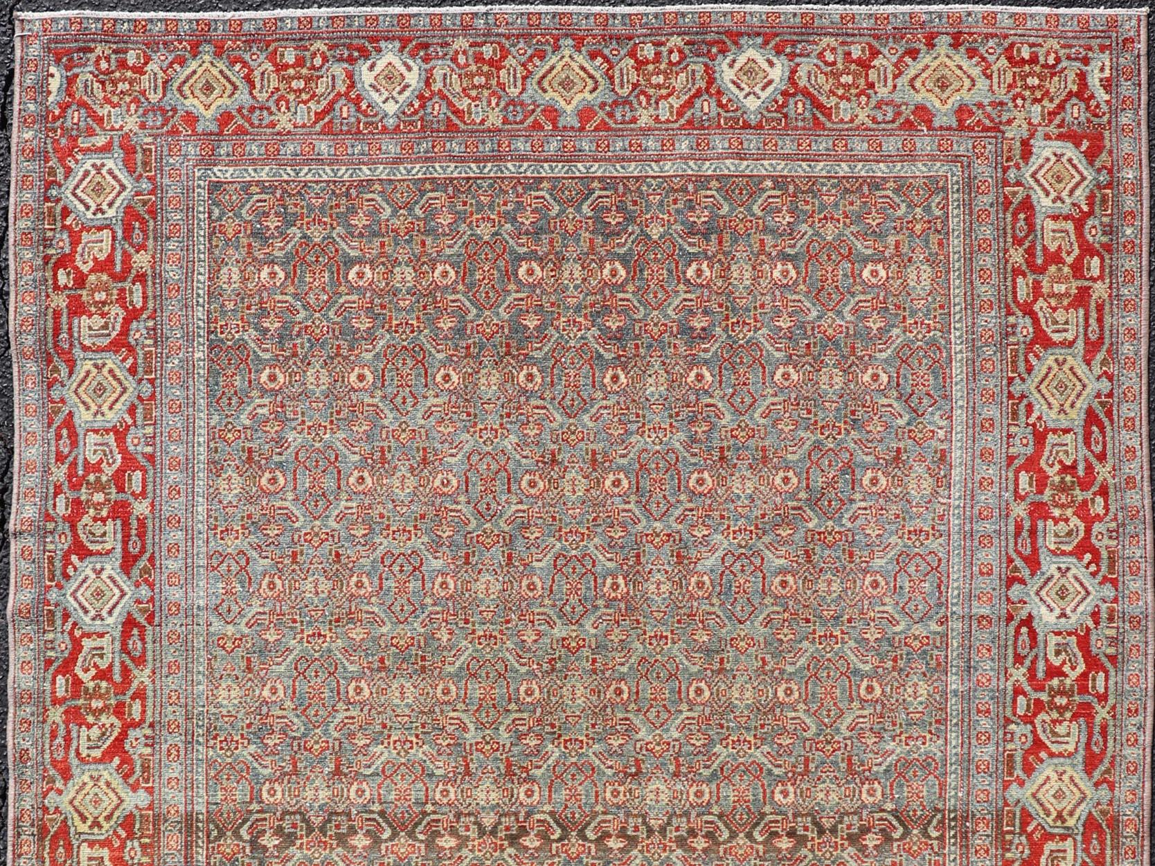 Hand-Knotted Fine Antique Persian Senneh Rug with Herati Geometric Design in Background For Sale
